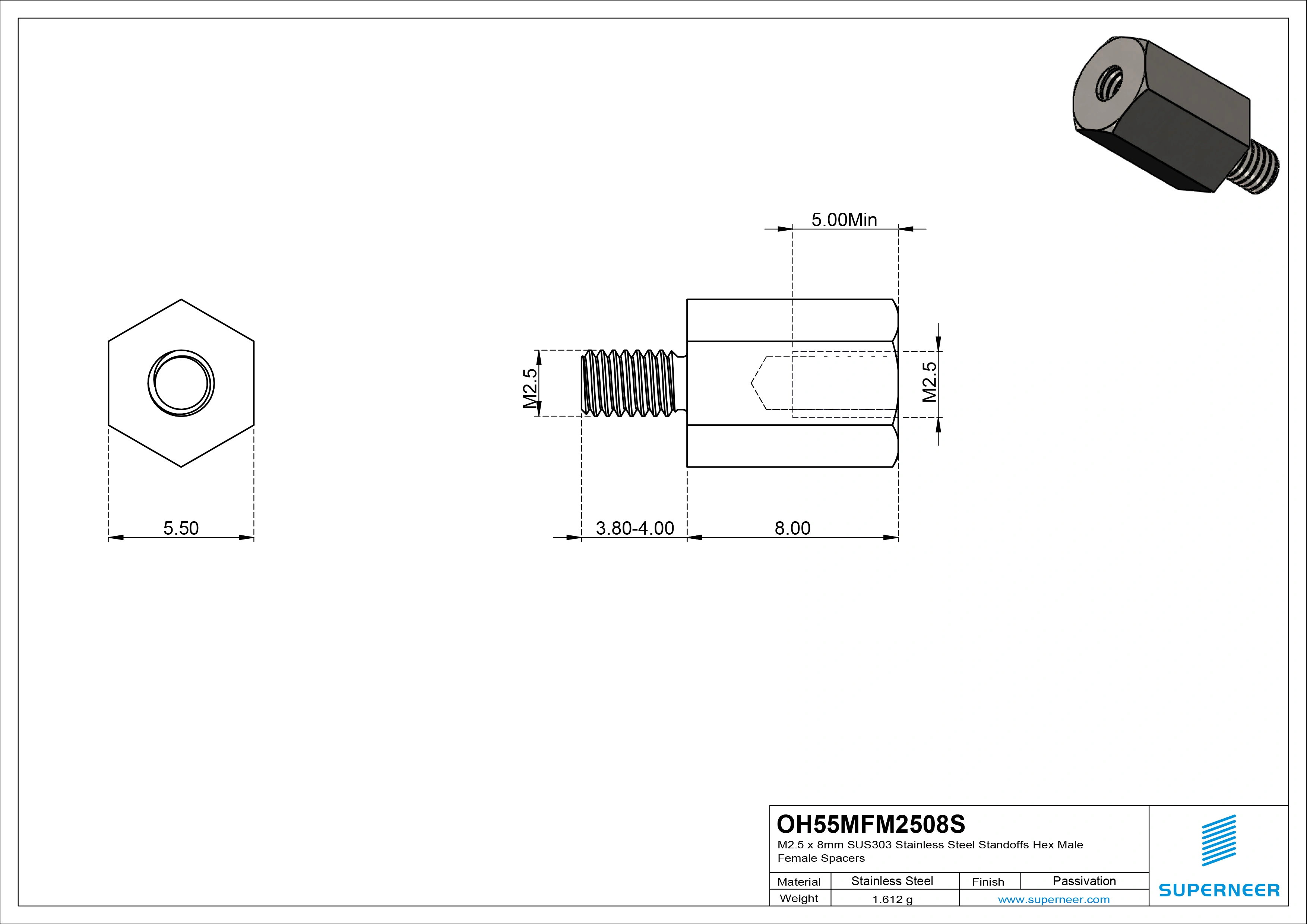 M2.5 x 8mm SUS303 Stainless Steel Inox Standoffs Hex Male Female Spacers