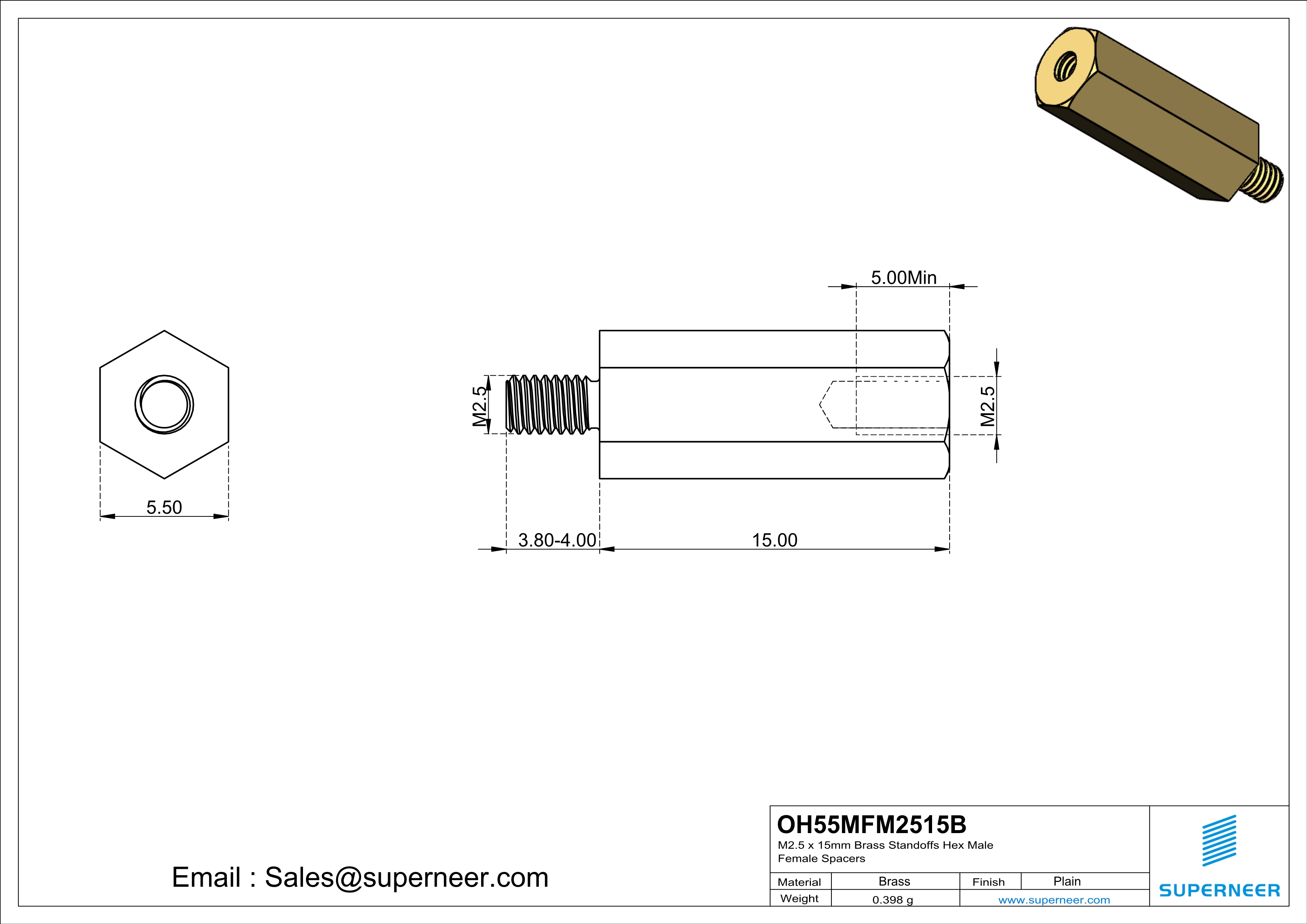 M2.5 x 15mm Brass Standoffs Hex Male Female Spacers