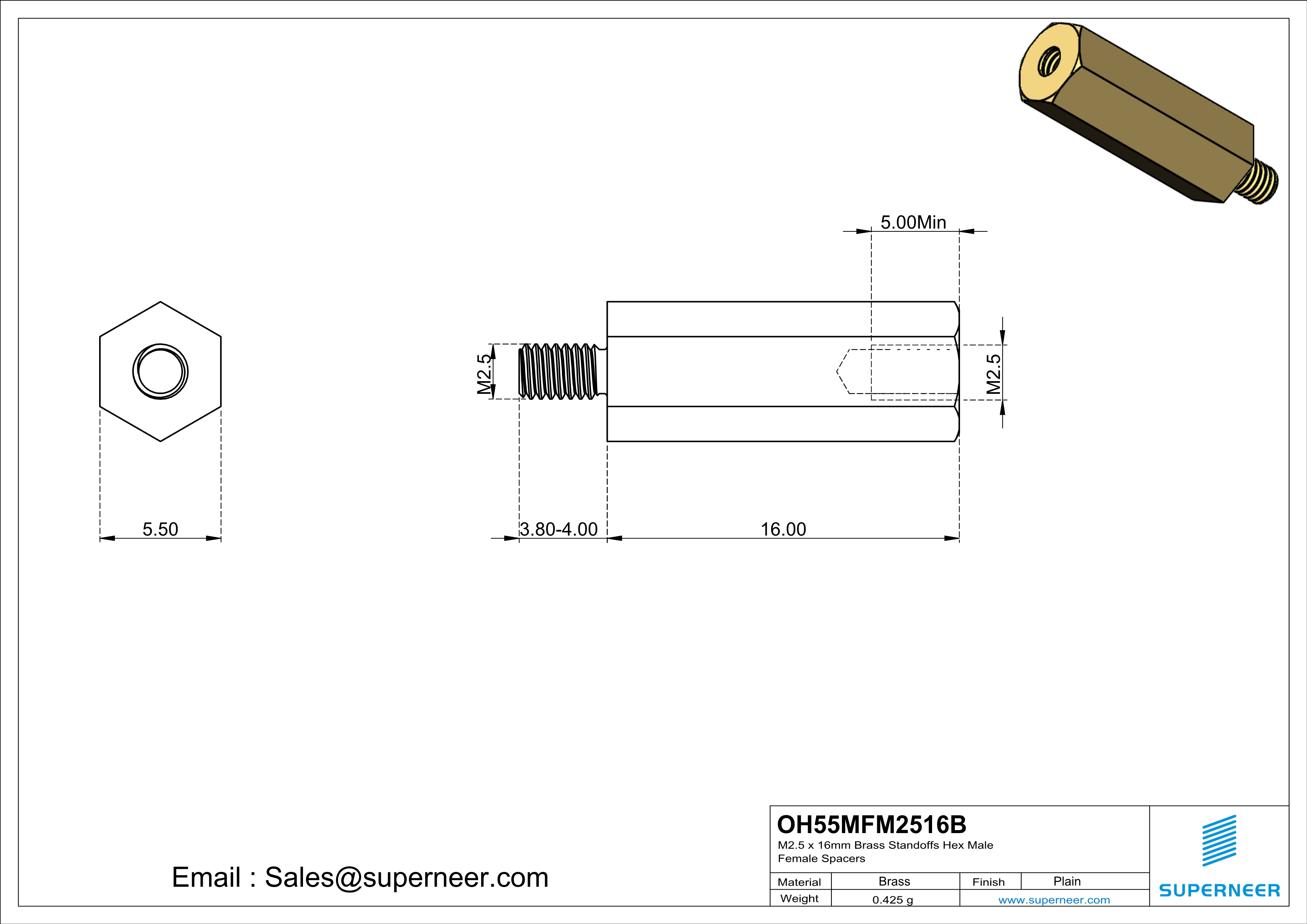 M2.5 x 16mm Brass Standoffs Hex Male Female Spacers