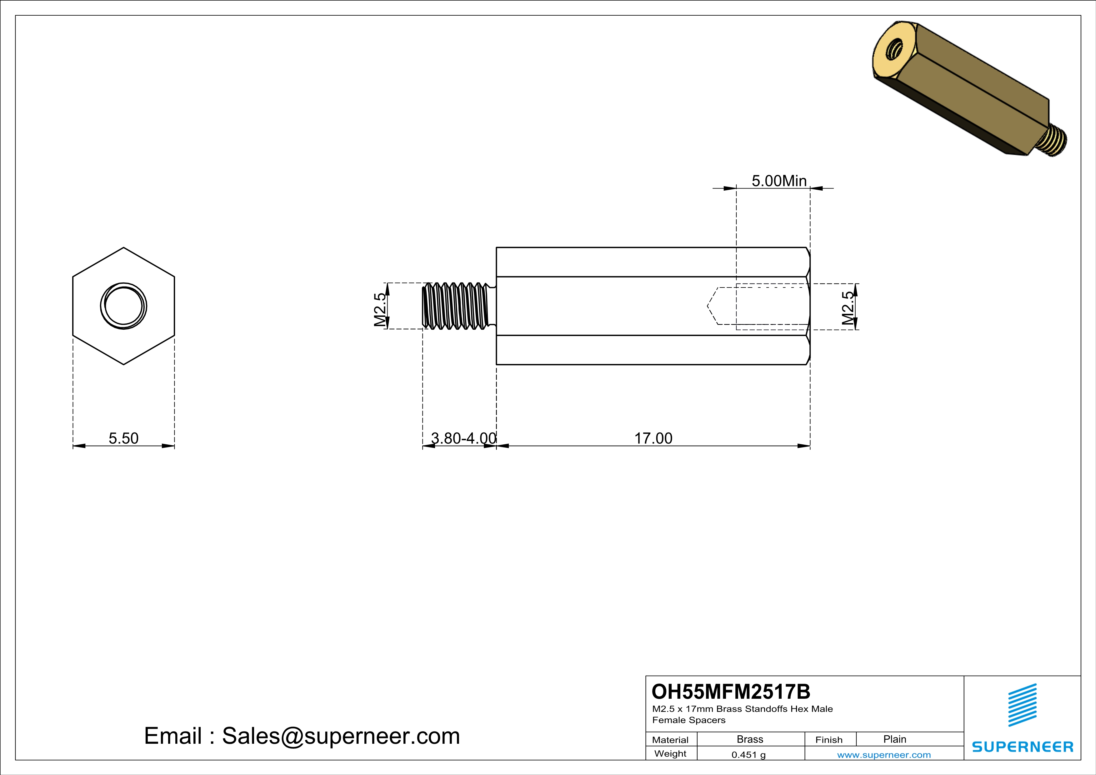 M2.5 x 17mm Brass Standoffs Hex Male Female Spacers