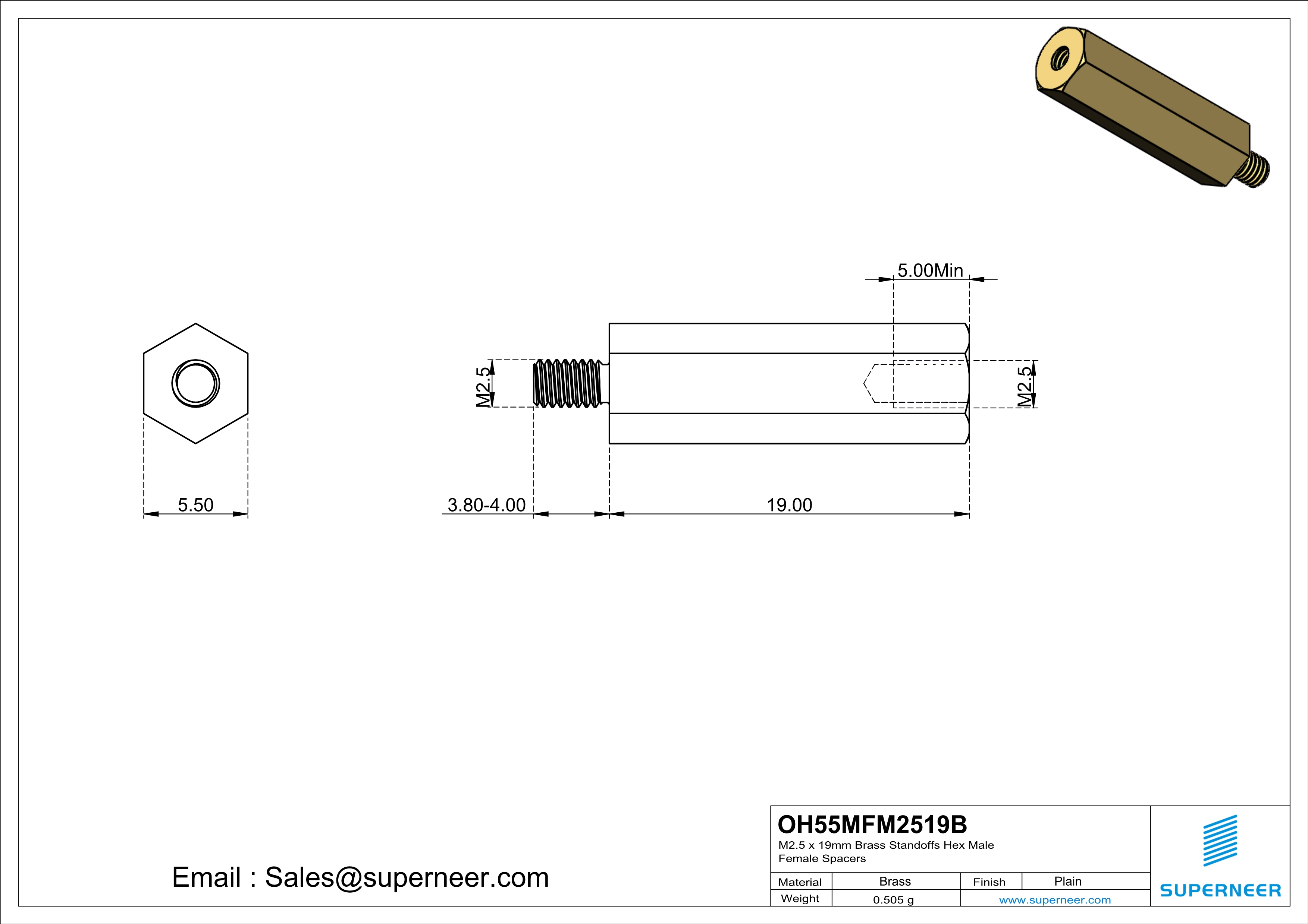 M2.5 x 19mm Brass Standoffs Hex Male Female Spacers