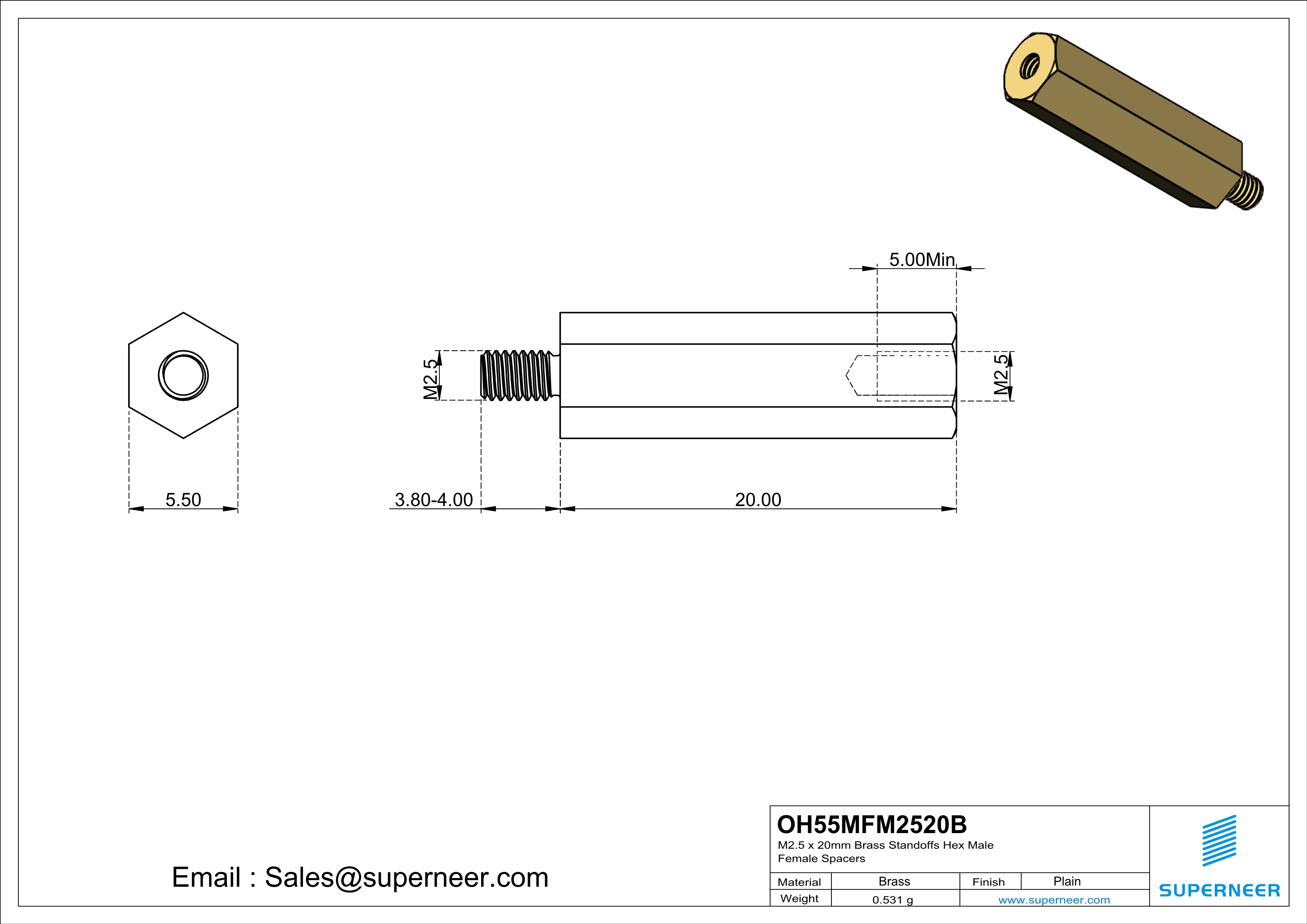 M2.5 x 20mm Brass Standoffs Hex Male Female Spacers