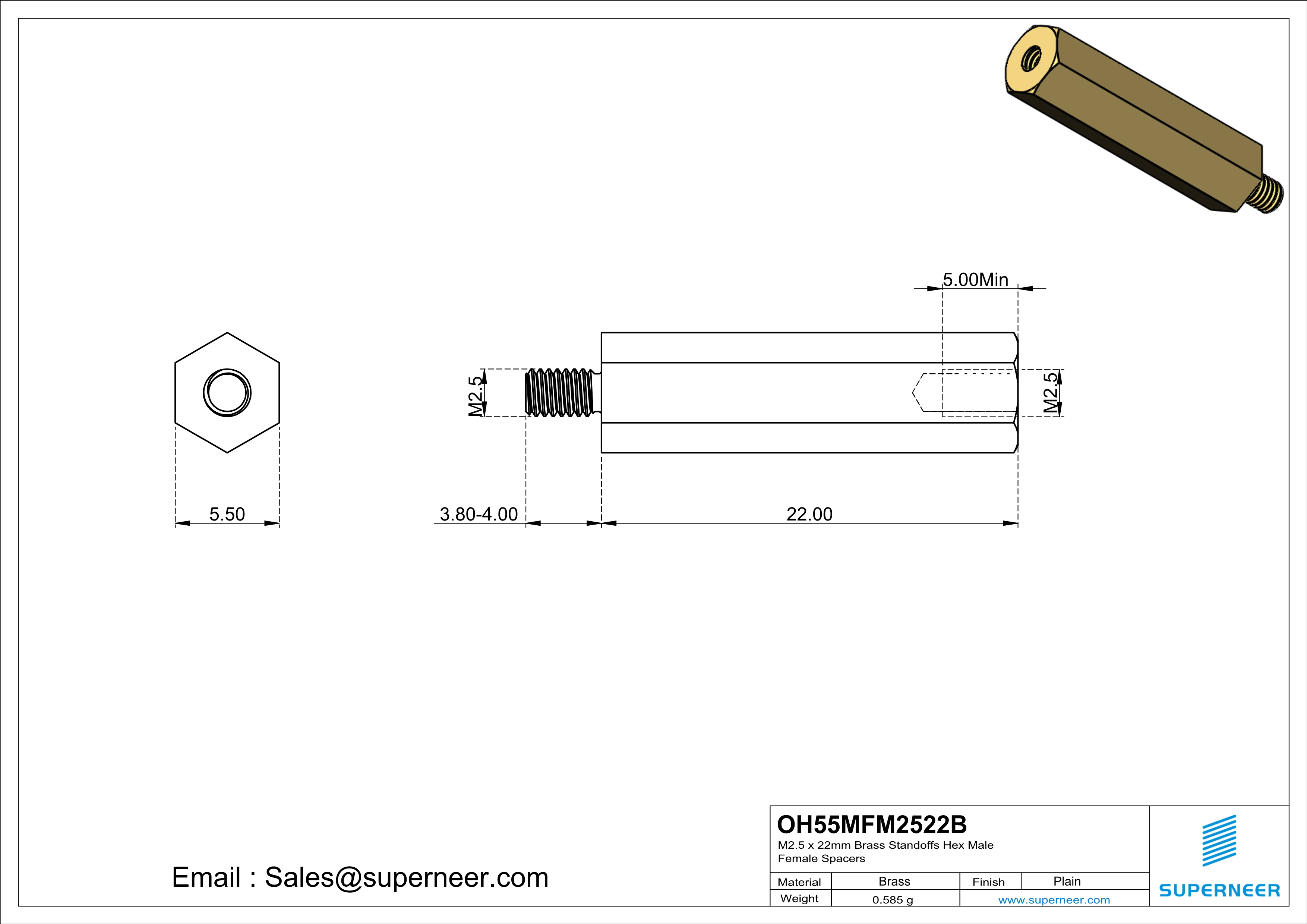 M2.5 x 22mm Brass Standoffs Hex Male Female Spacers