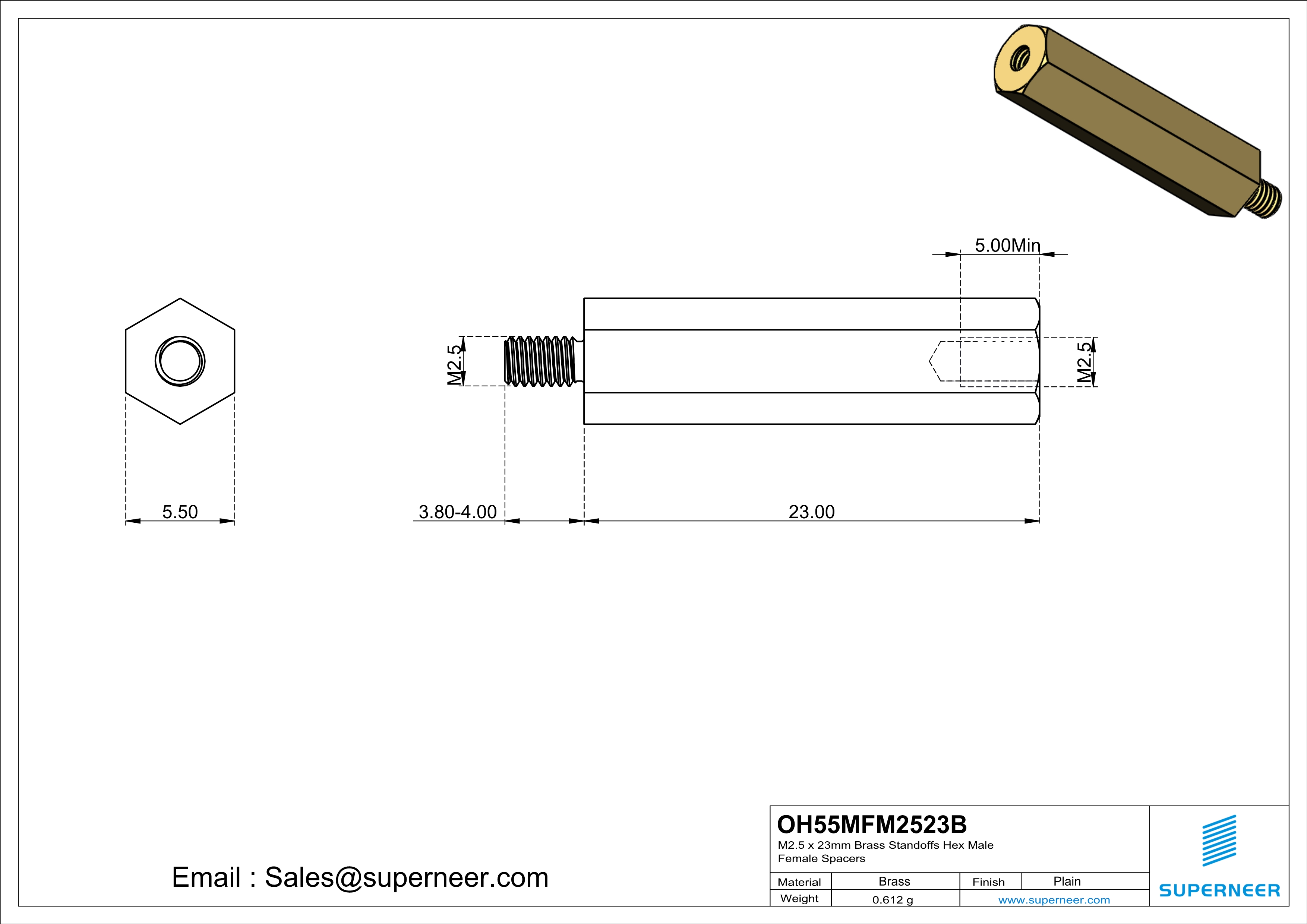 M2.5 x 23mm Brass Standoffs Hex Male Female Spacers