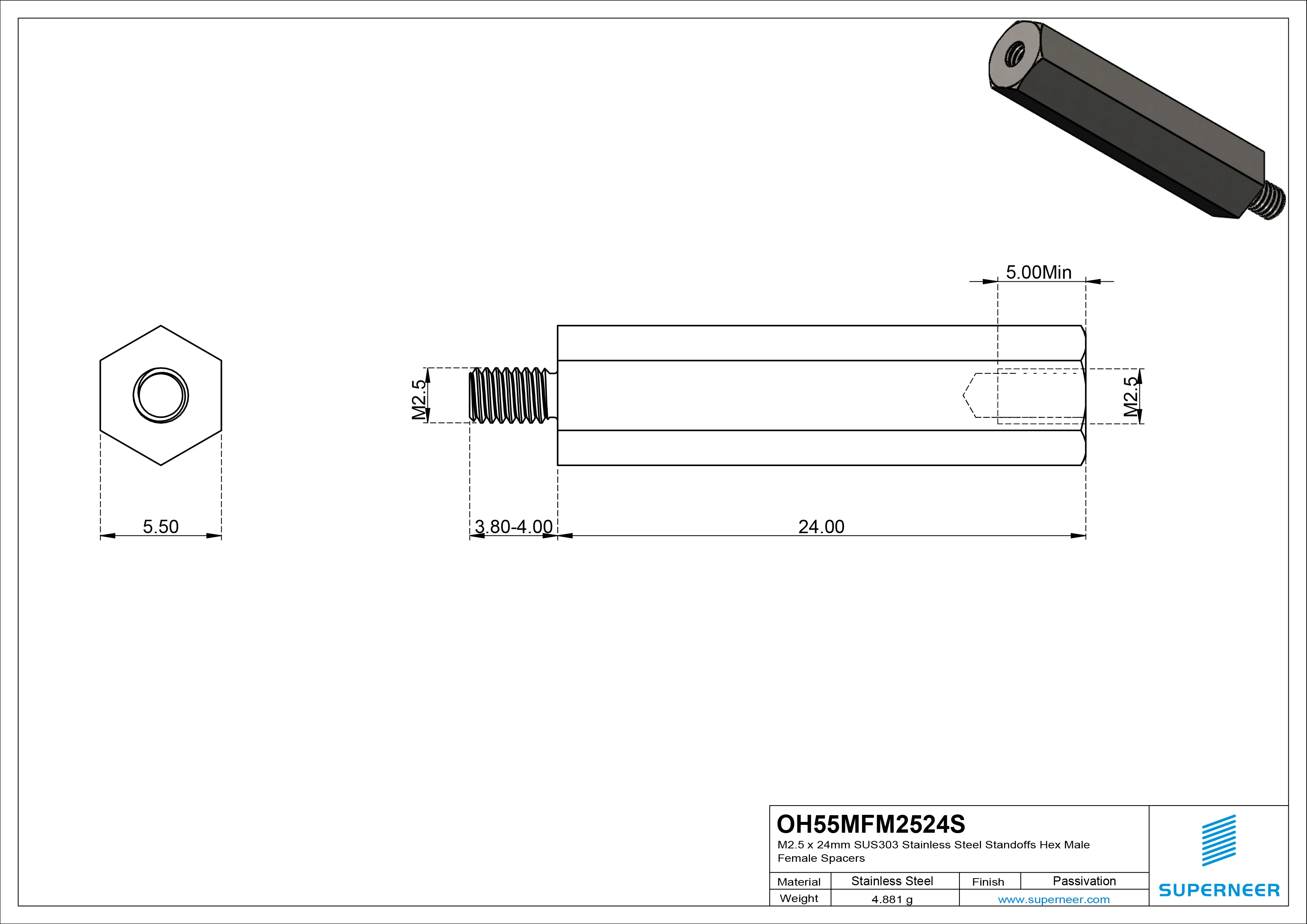 M2.5 x 24mm SUS303 Stainless Steel Inox Standoffs Hex Male Female Spacers