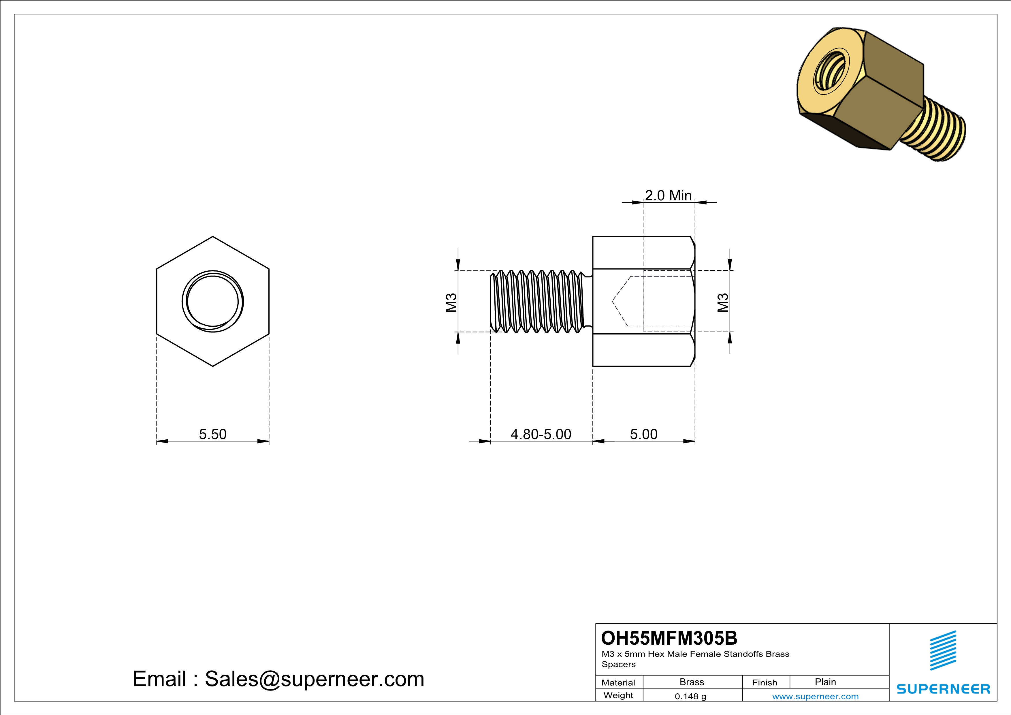 M3 x 5mm Hex Male Female Standoffs Brass Spacers 