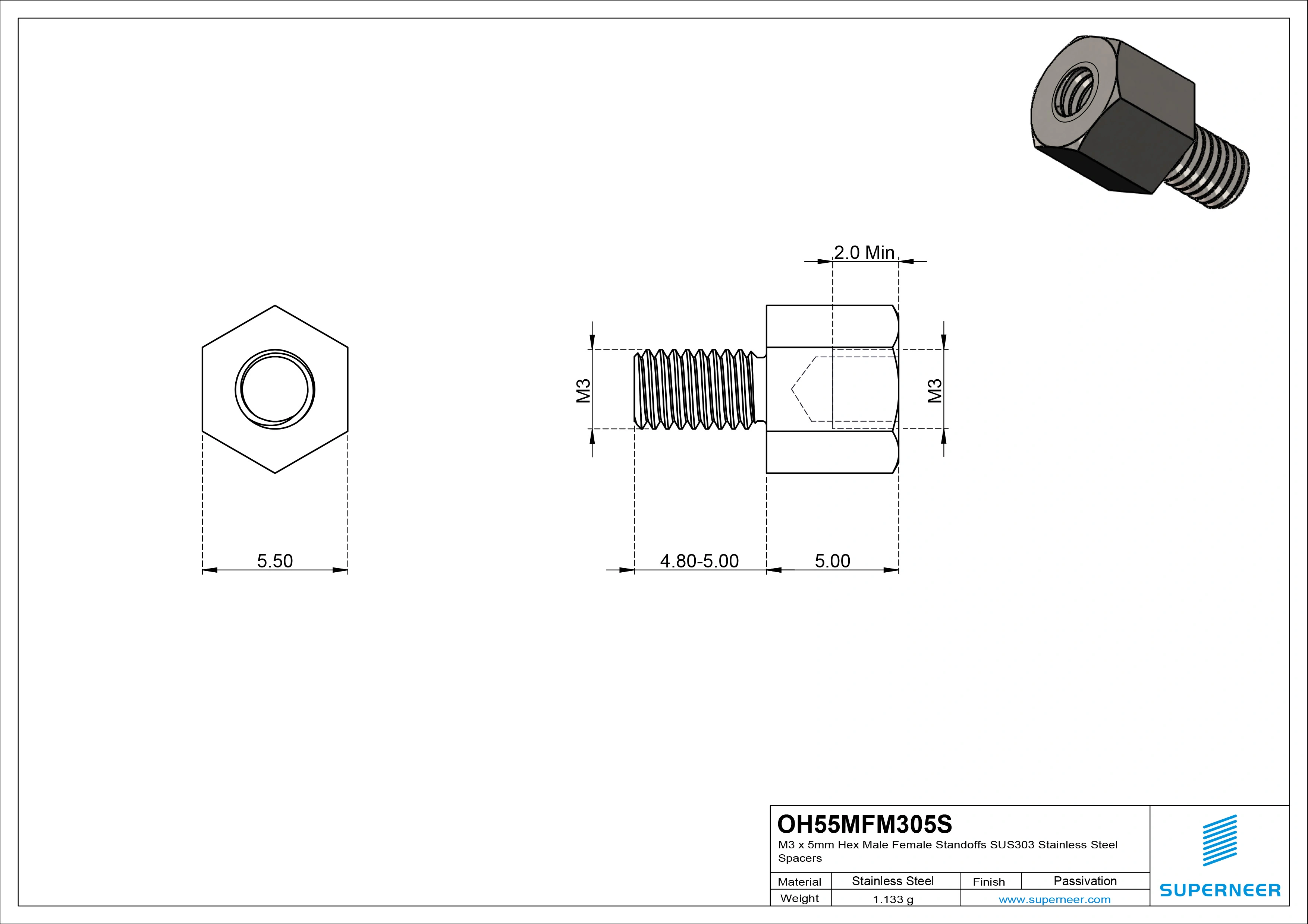 M3 x 5mm Hex Male Female Standoffs SUS303 Stainless Steel Inox Spacers 