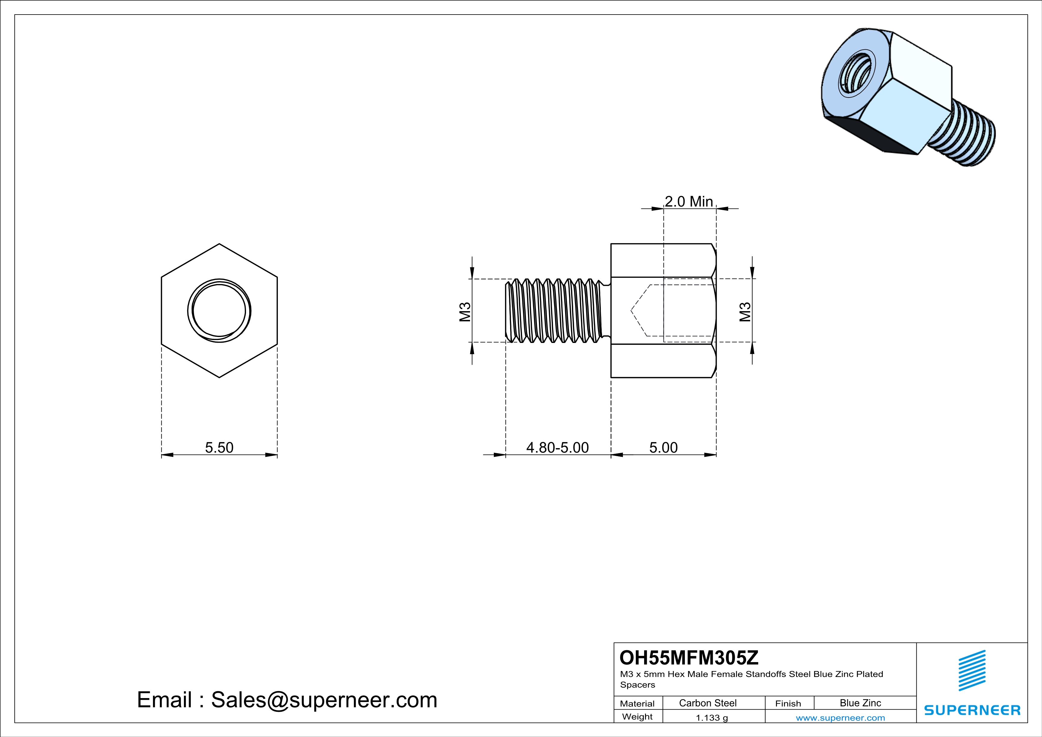 M3 x 5mm Hex Male Female Standoffs Steel Blue Zinc Plated Spacers 