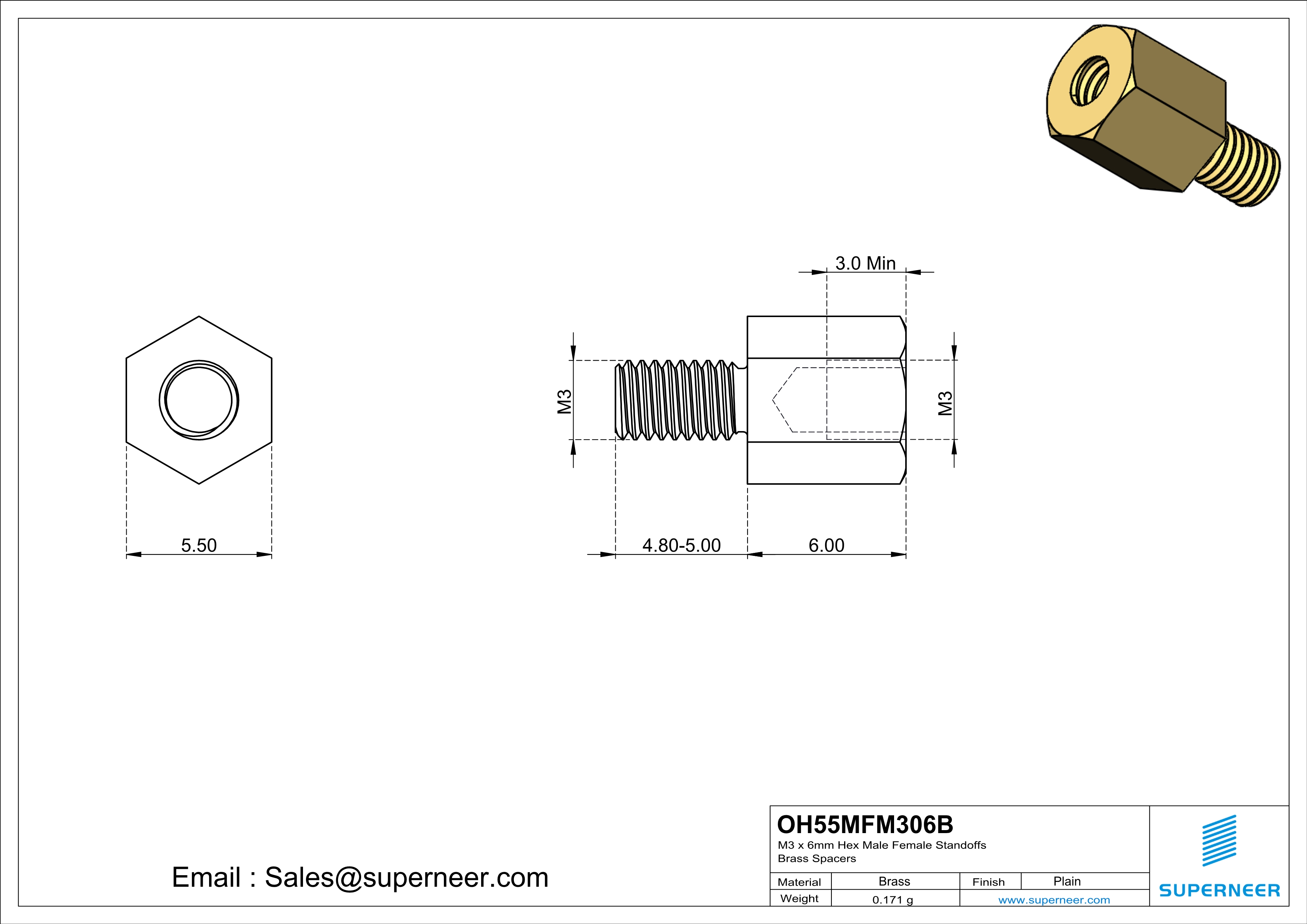 M3 x 6mm Hex Male Female Standoffs Brass Spacers 