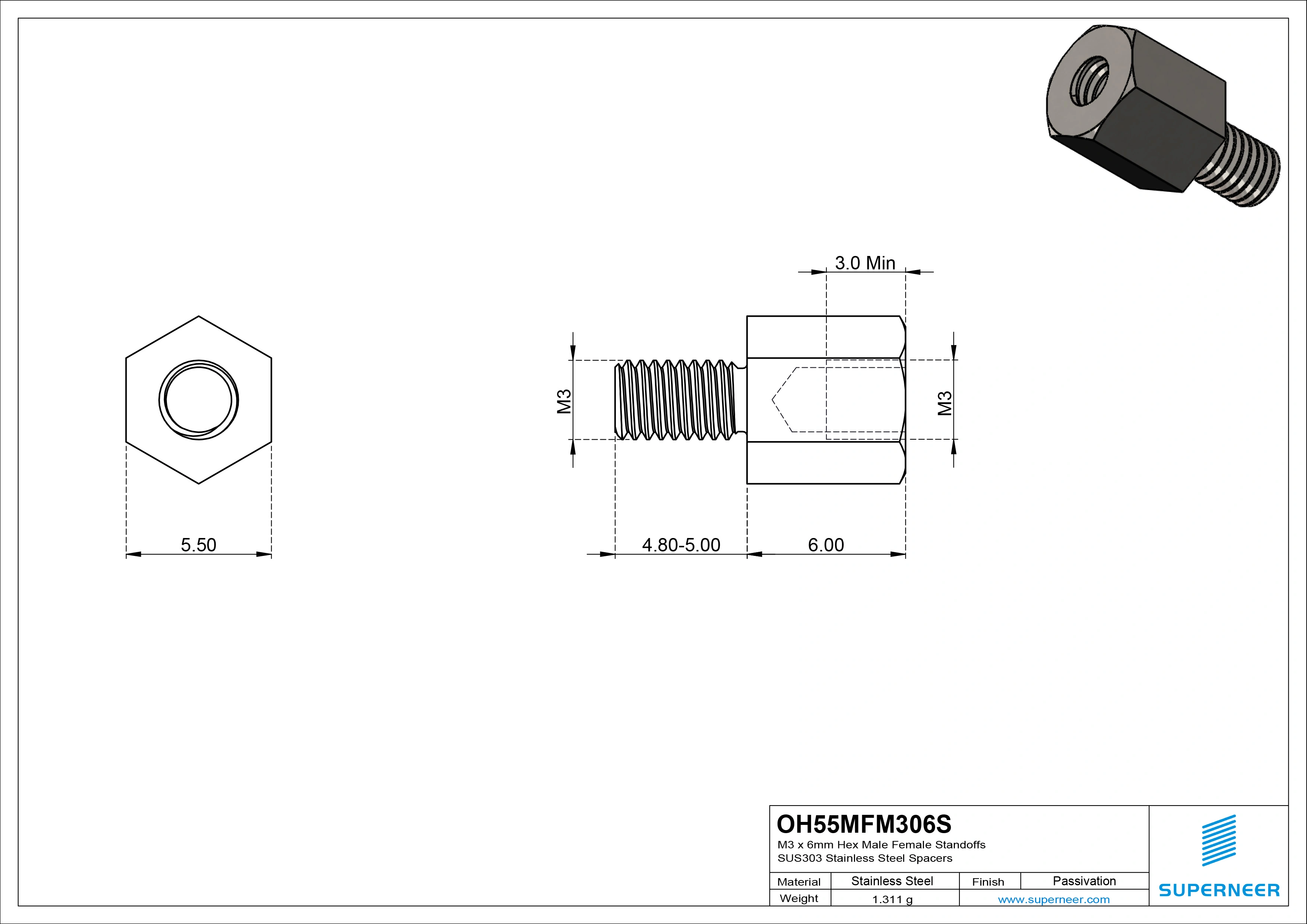 M3 x 6mm Hex Male Female Standoffs SUS303 Stainless Steel Inox Spacers 