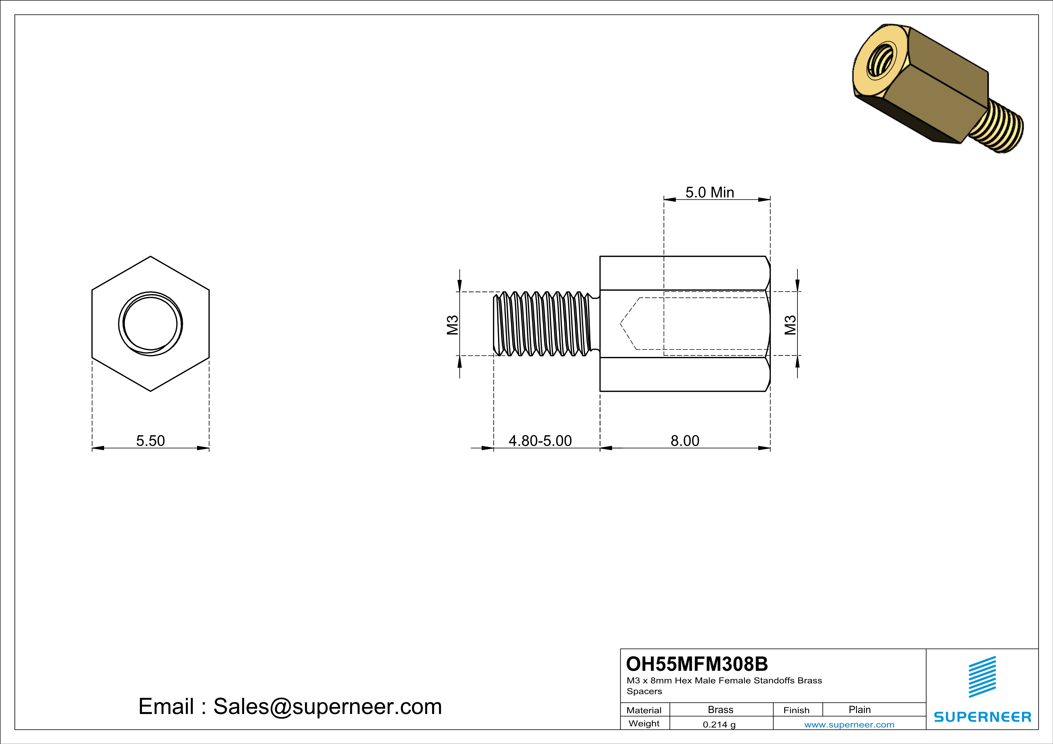 M3 x 8mm Hex Male Female Standoffs Brass Spacers 