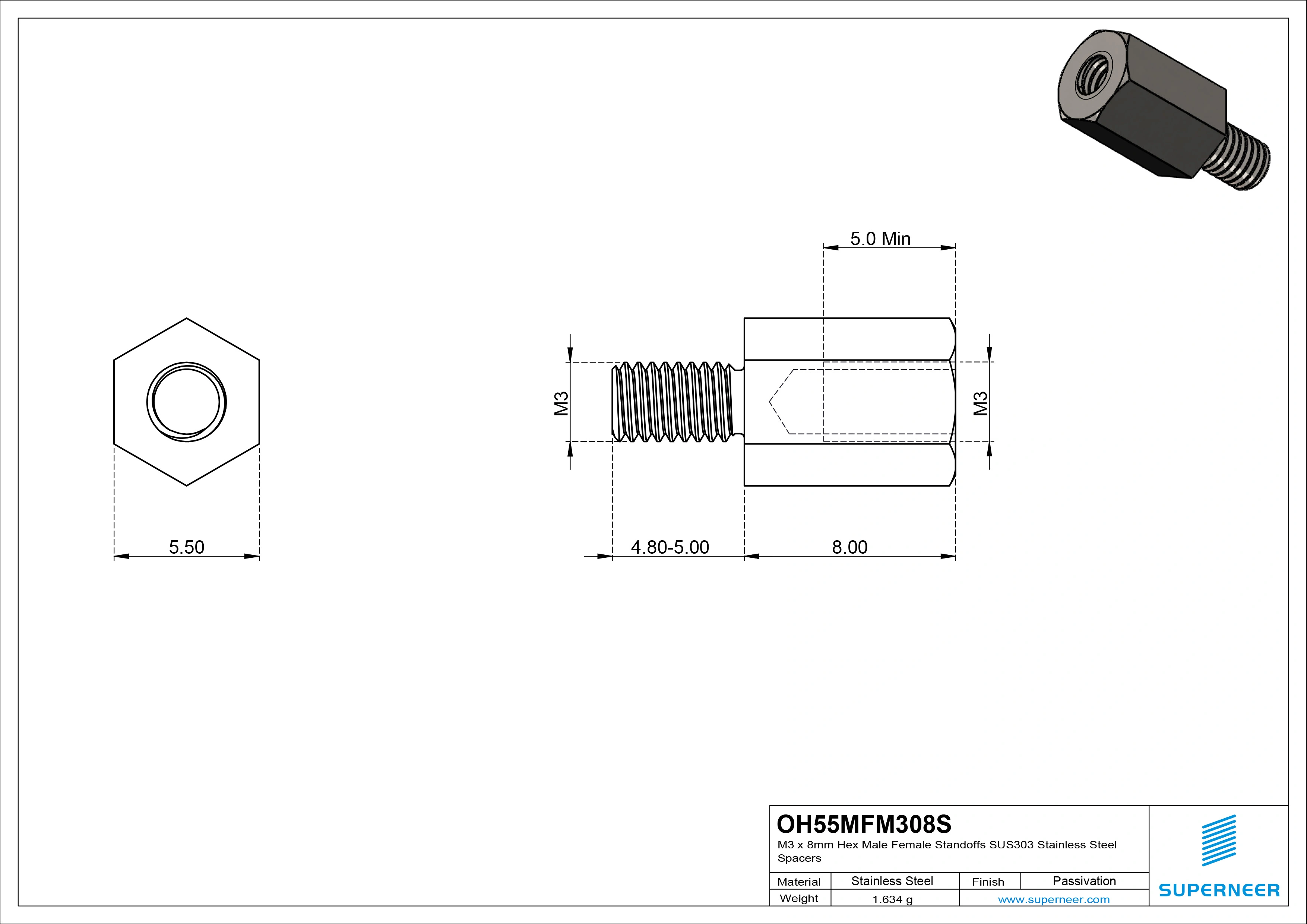 M3 x 8mm Hex Male Female Standoffs SUS303 Stainless Steel Inox Spacers 