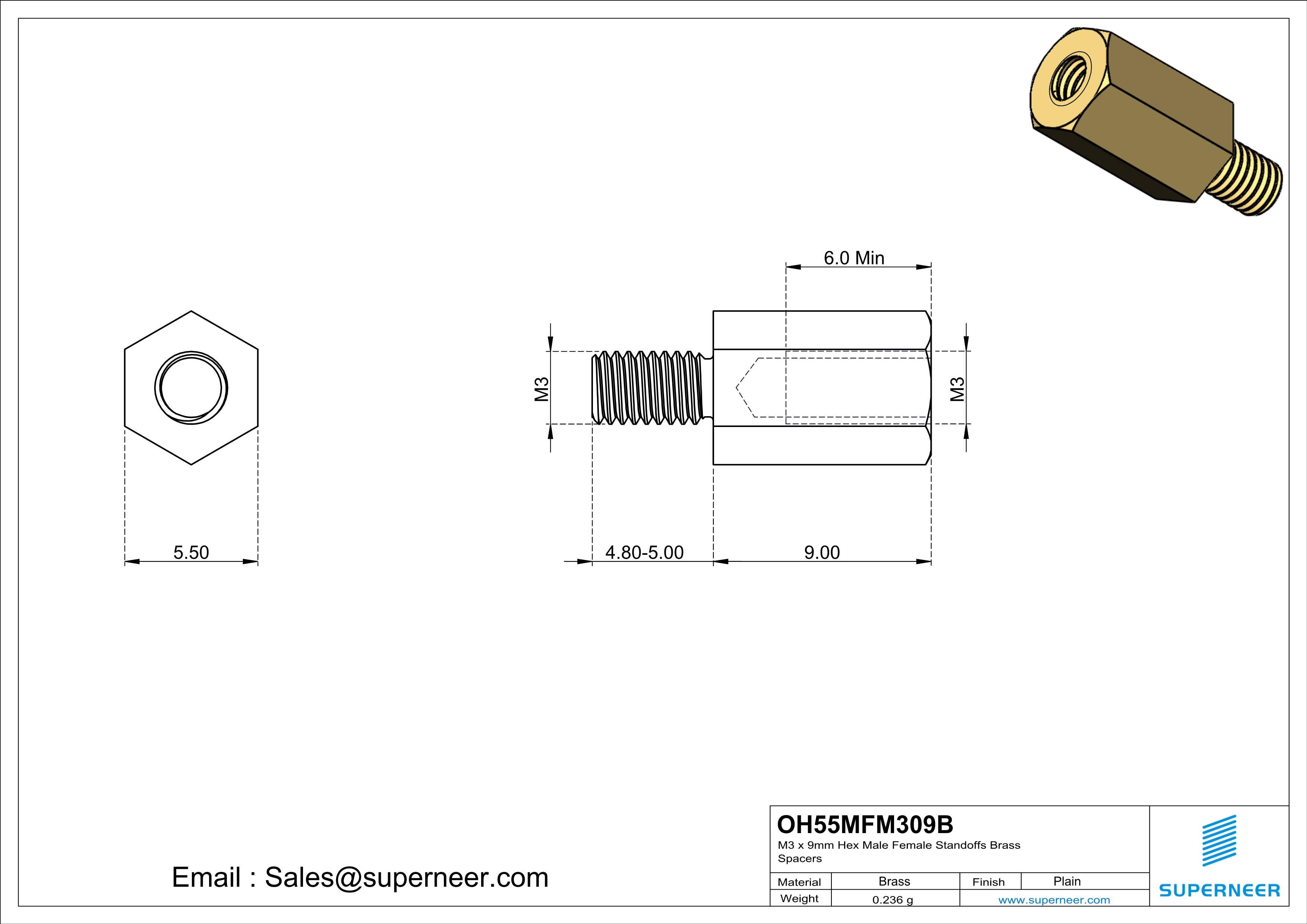 M3 x 9mm Hex Male Female Standoffs Brass Spacers 