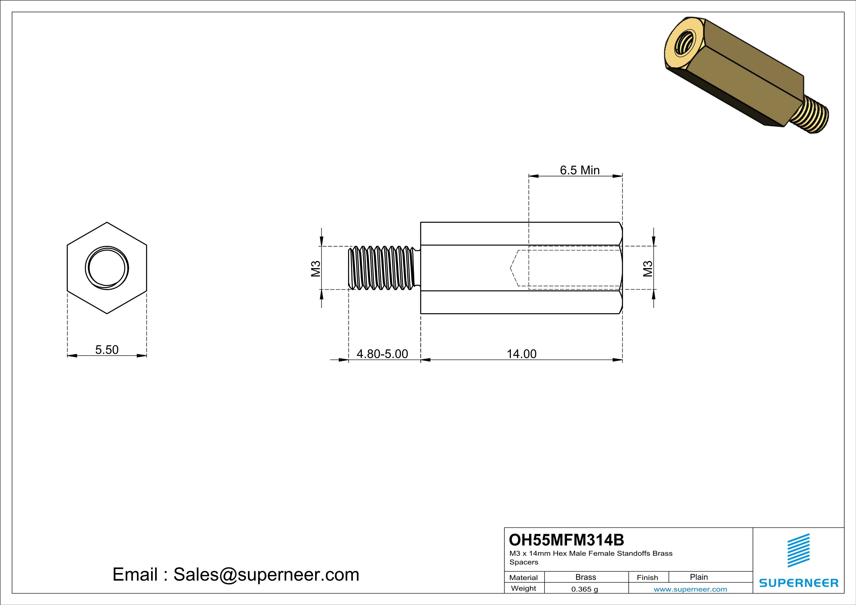 M3 x 14mm Hex Male Female Standoffs Brass Spacers 