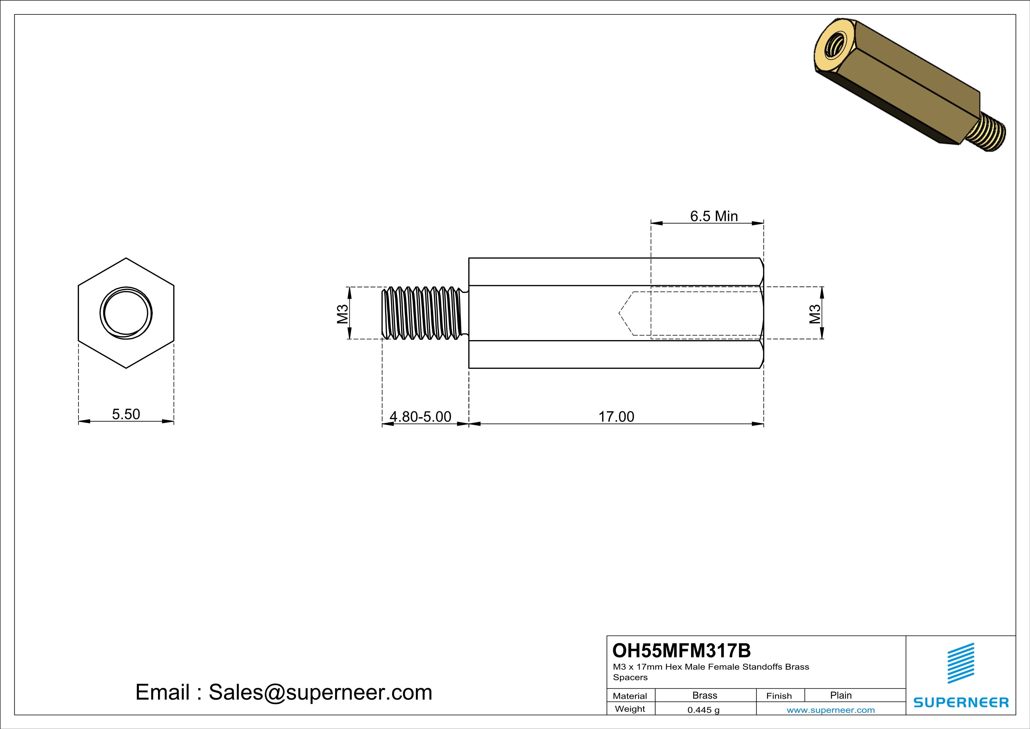 M3 x 17mm Hex Male Female Standoffs Brass Spacers 