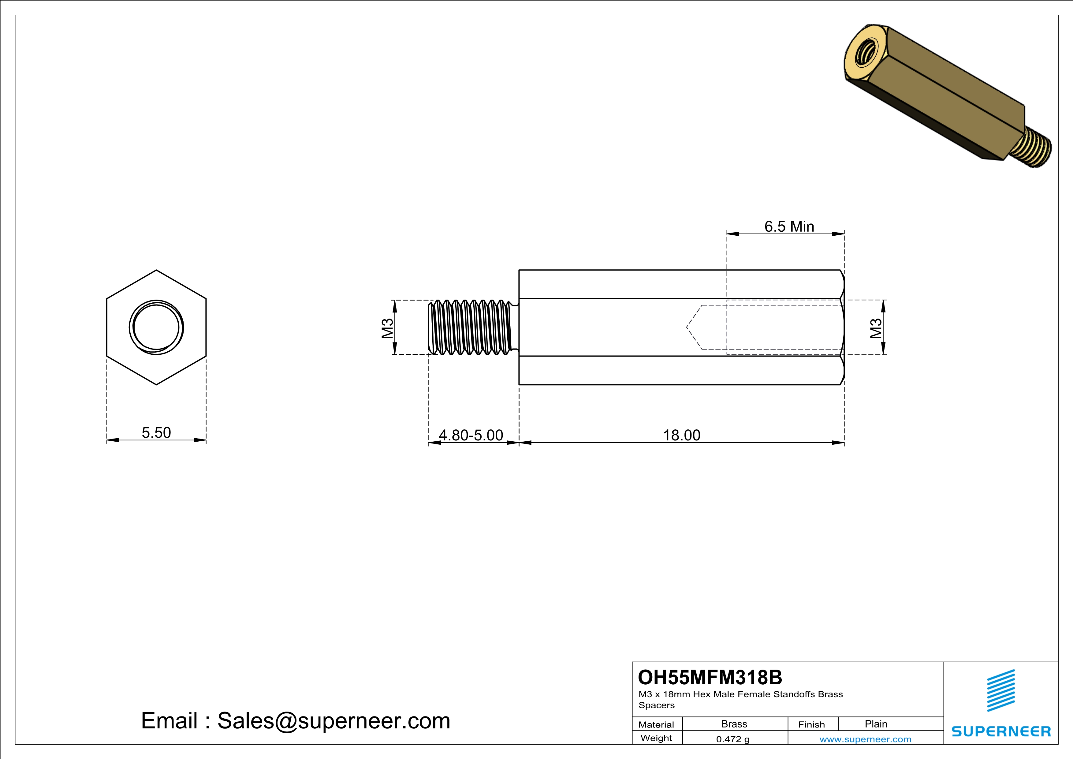 M3 x 18mm Hex Male Female Standoffs Brass Spacers 