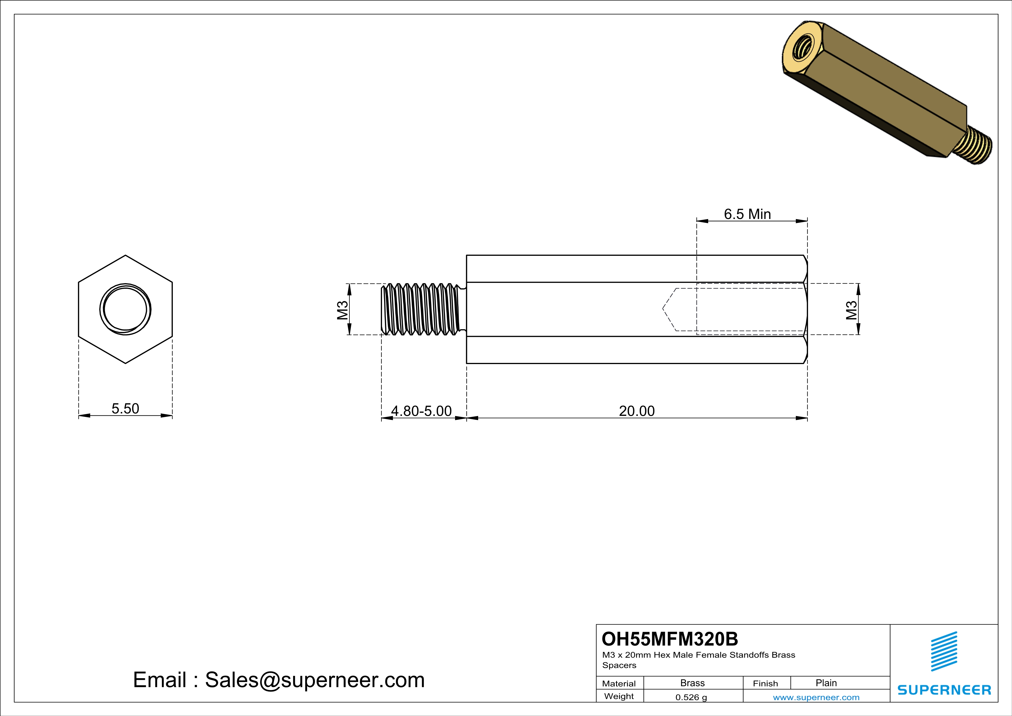 M3 x 20mm Hex Male Female Standoffs Brass Spacers 