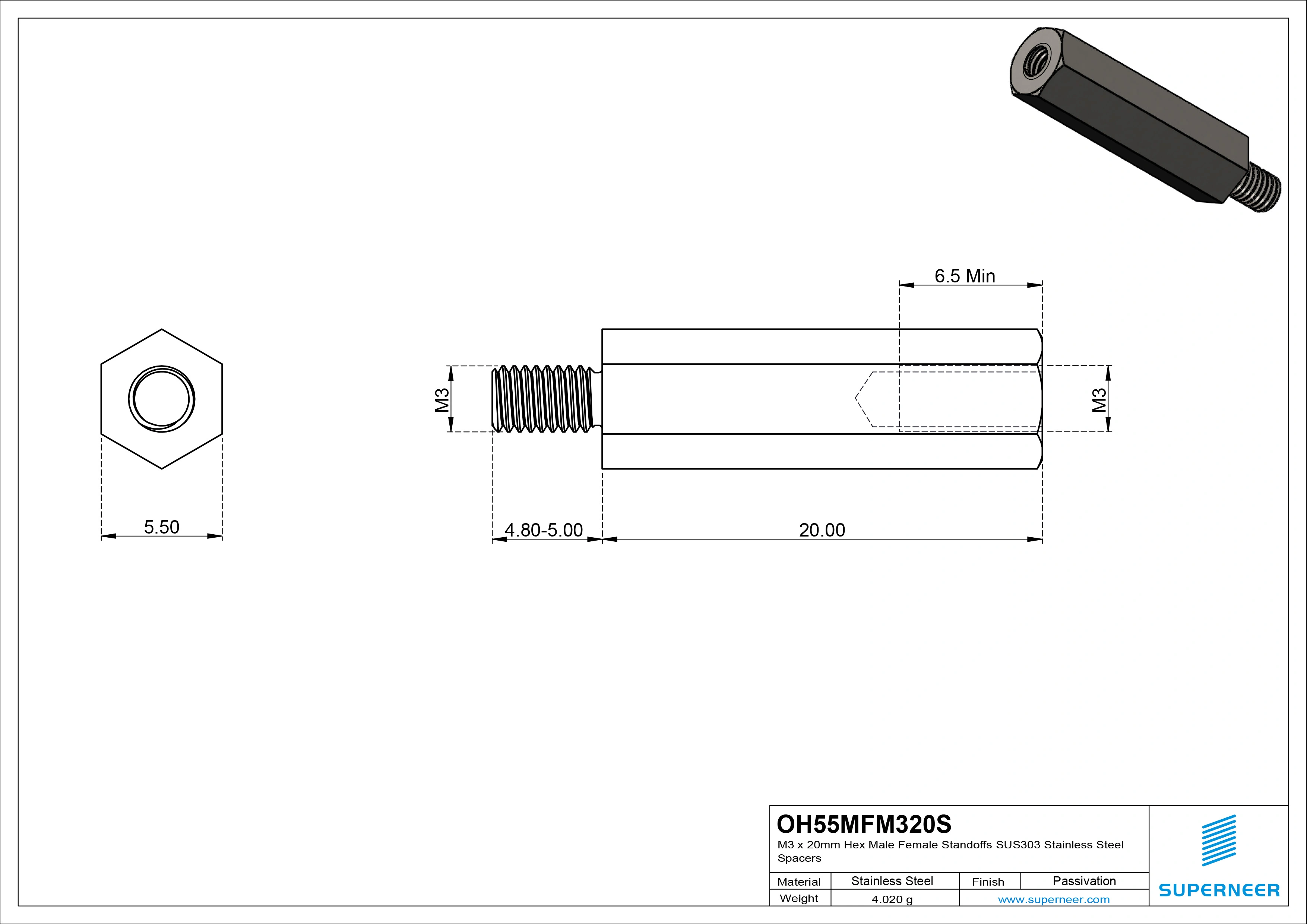 M3 x 20mm Hex Male Female Standoffs SUS303 Stainless Steel Inox Spacers 