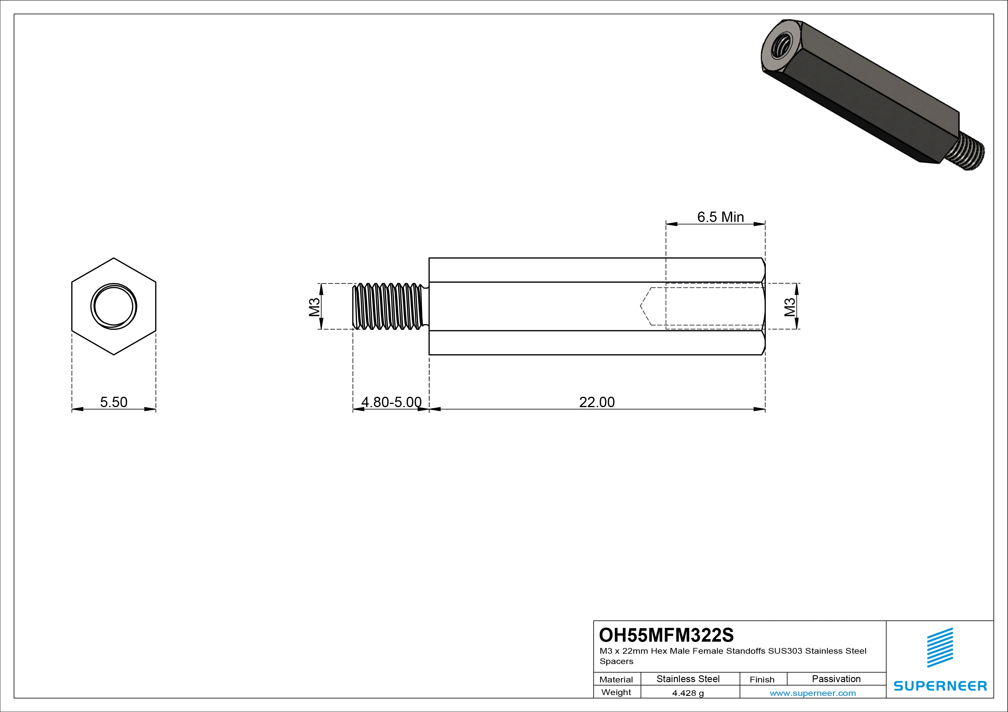 M3 x 22mm Hex Male Female Standoffs SUS303 Stainless Steel Inox Spacers 