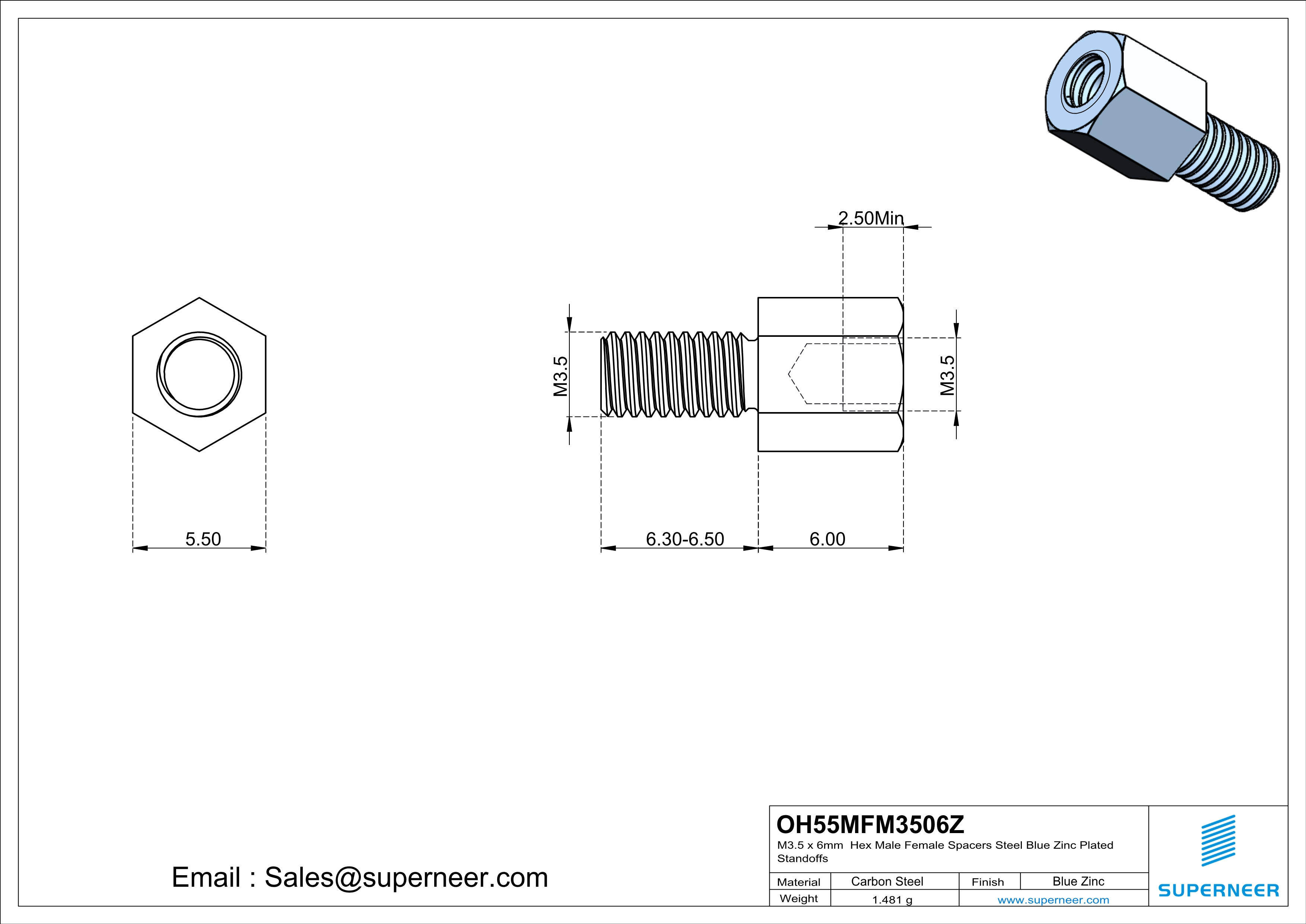 M3.5 x 6mm Hex Male Female Spacers Steel Blue Zinc Plated Standoffs