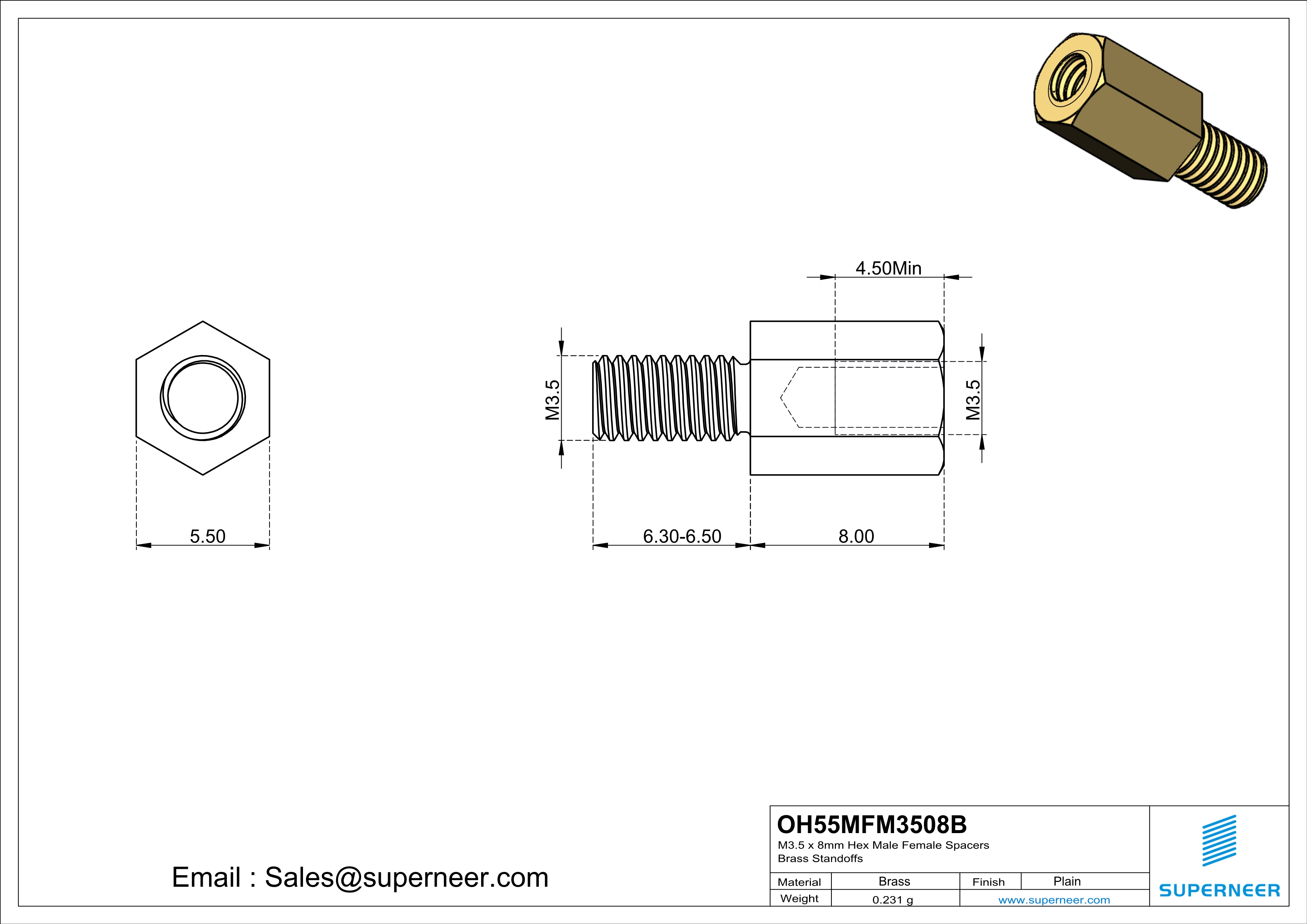 M3.5 x 8mm Hex Male Female Spacers Brass Standoffs