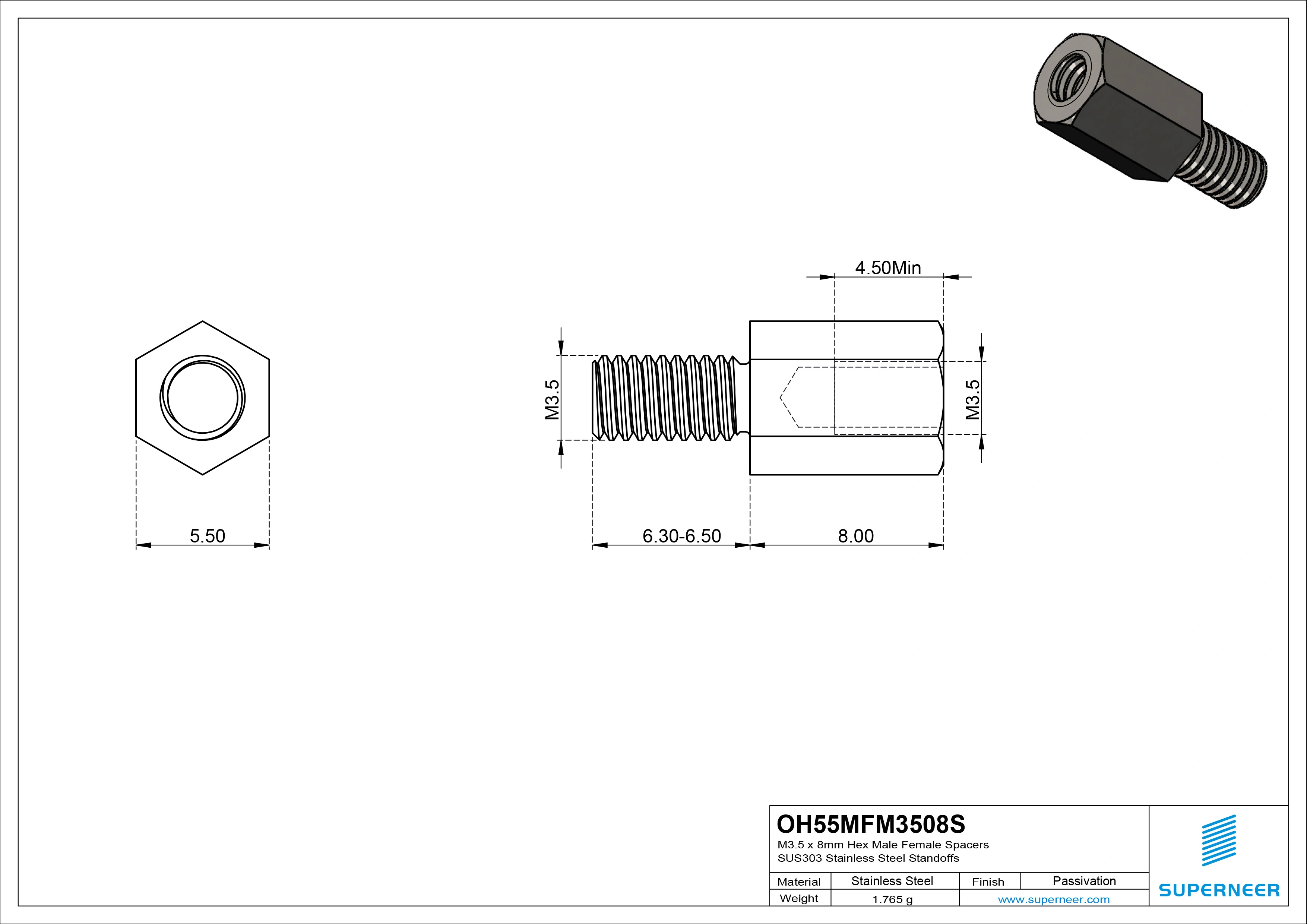 M3.5 x 8mm Hex Male Female Spacers SUS303 Stainless Steel Inox Standoffs