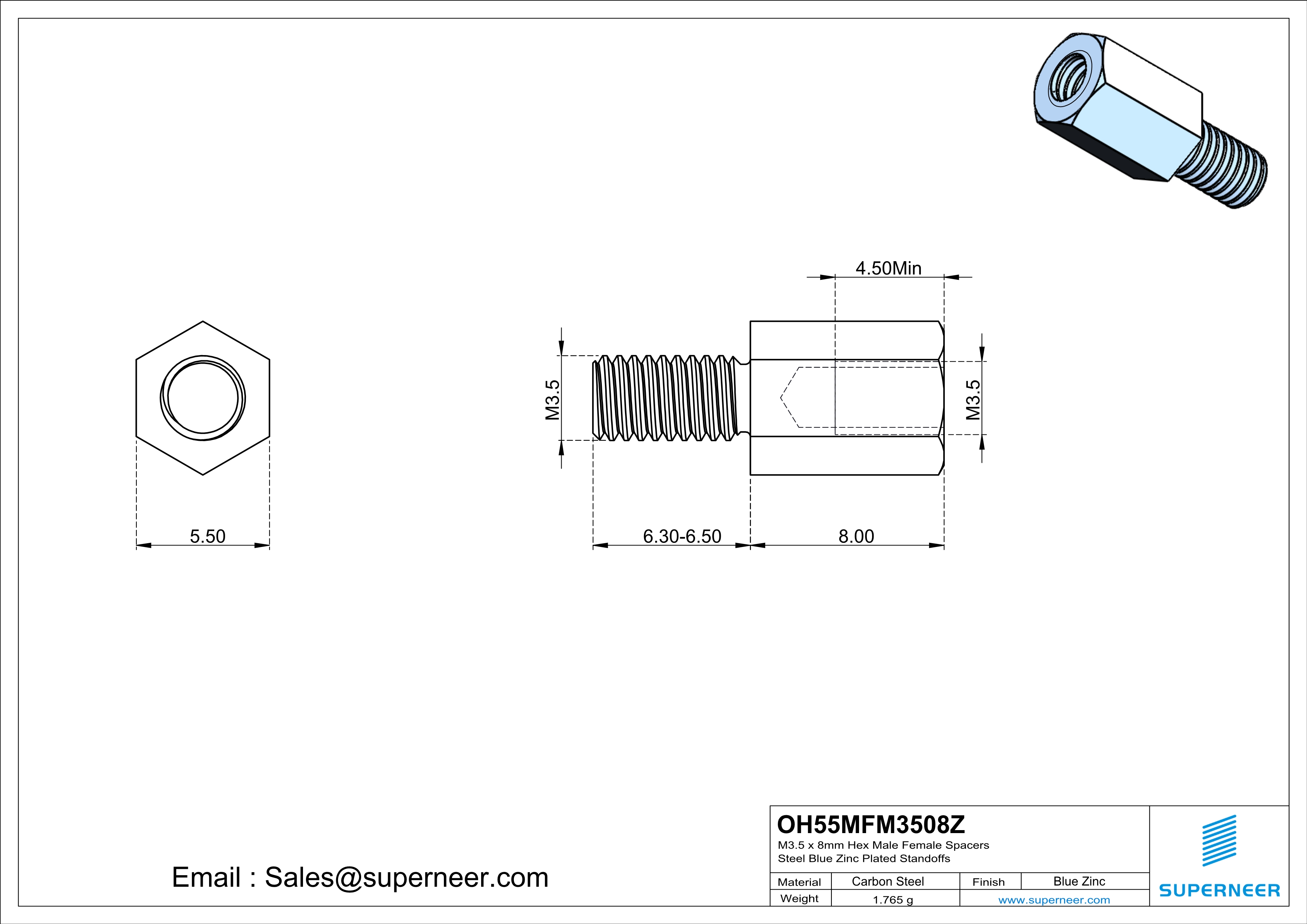 M3.5 x 8mm Hex Male Female Spacers Steel Blue Zinc Plated Standoffs