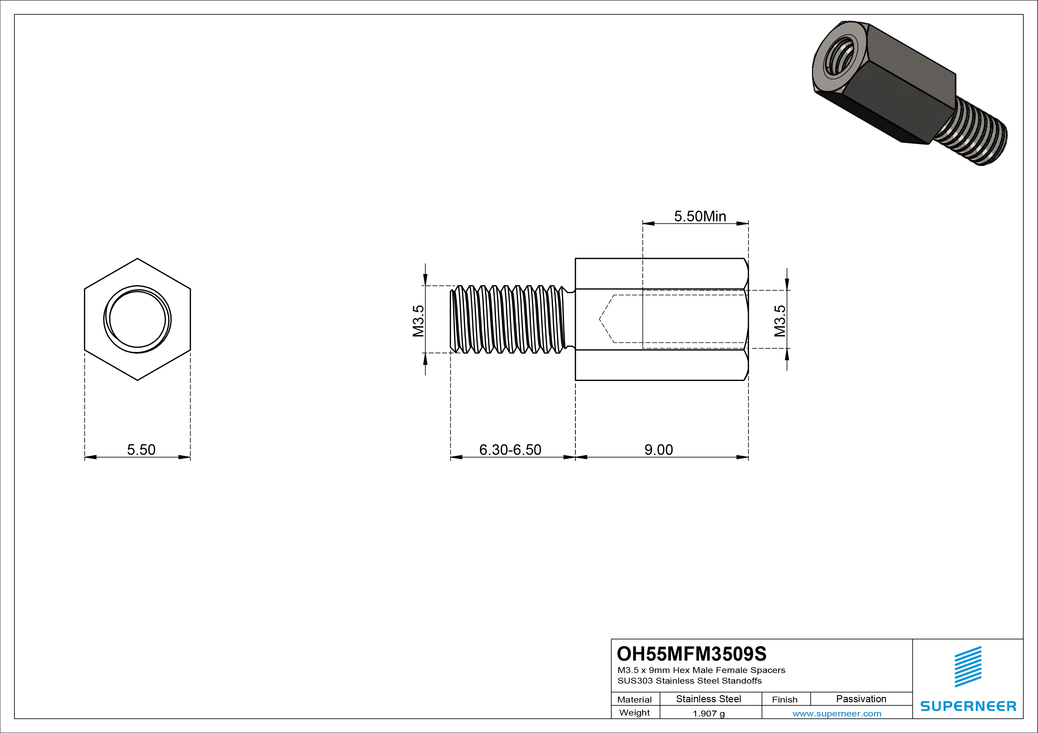 M3.5 x 9mm Hex Male Female Spacers SUS303 Stainless Steel Inox Standoffs