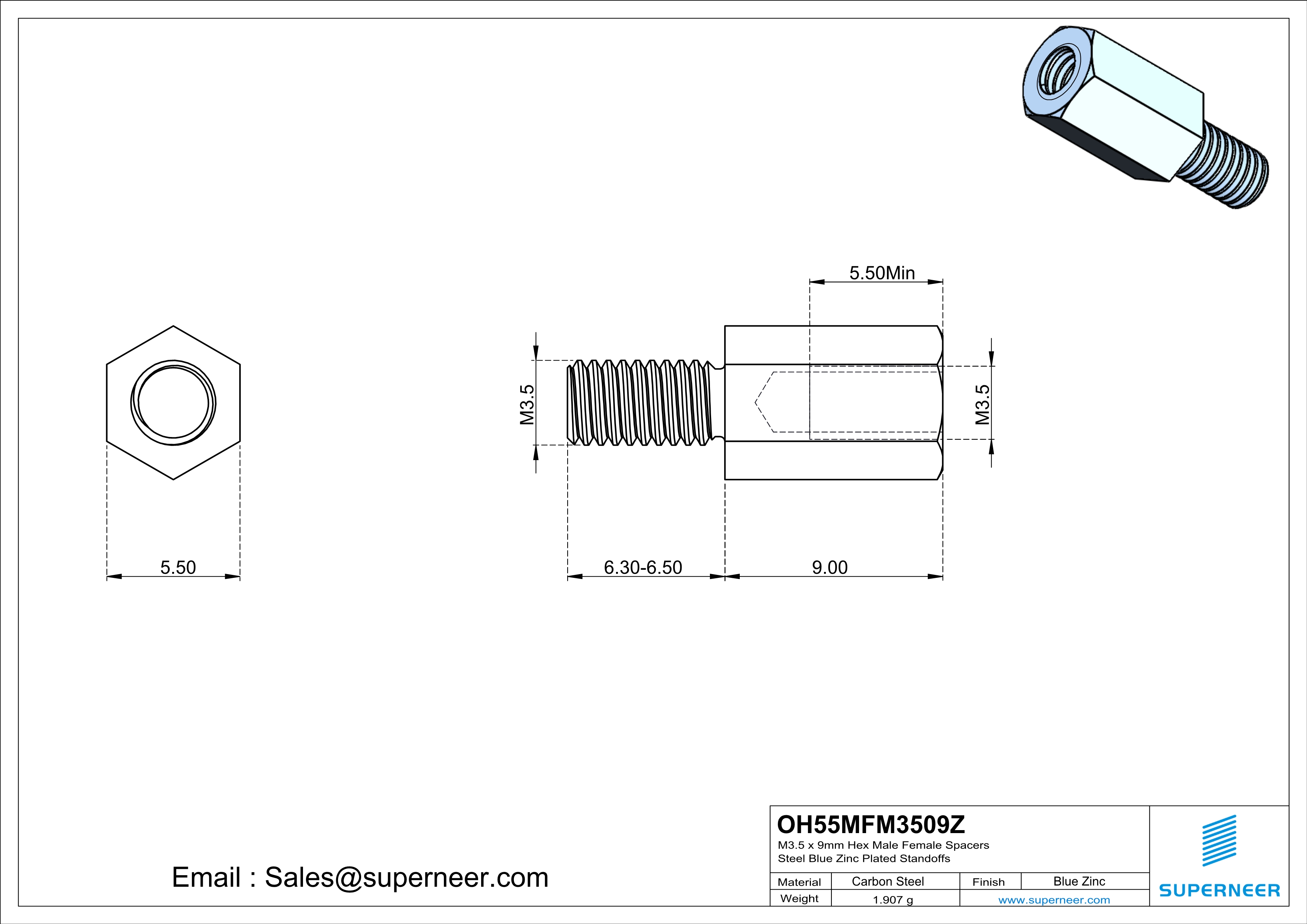 M3.5 x 9mm Hex Male Female Spacers Steel Blue Zinc Plated Standoffs