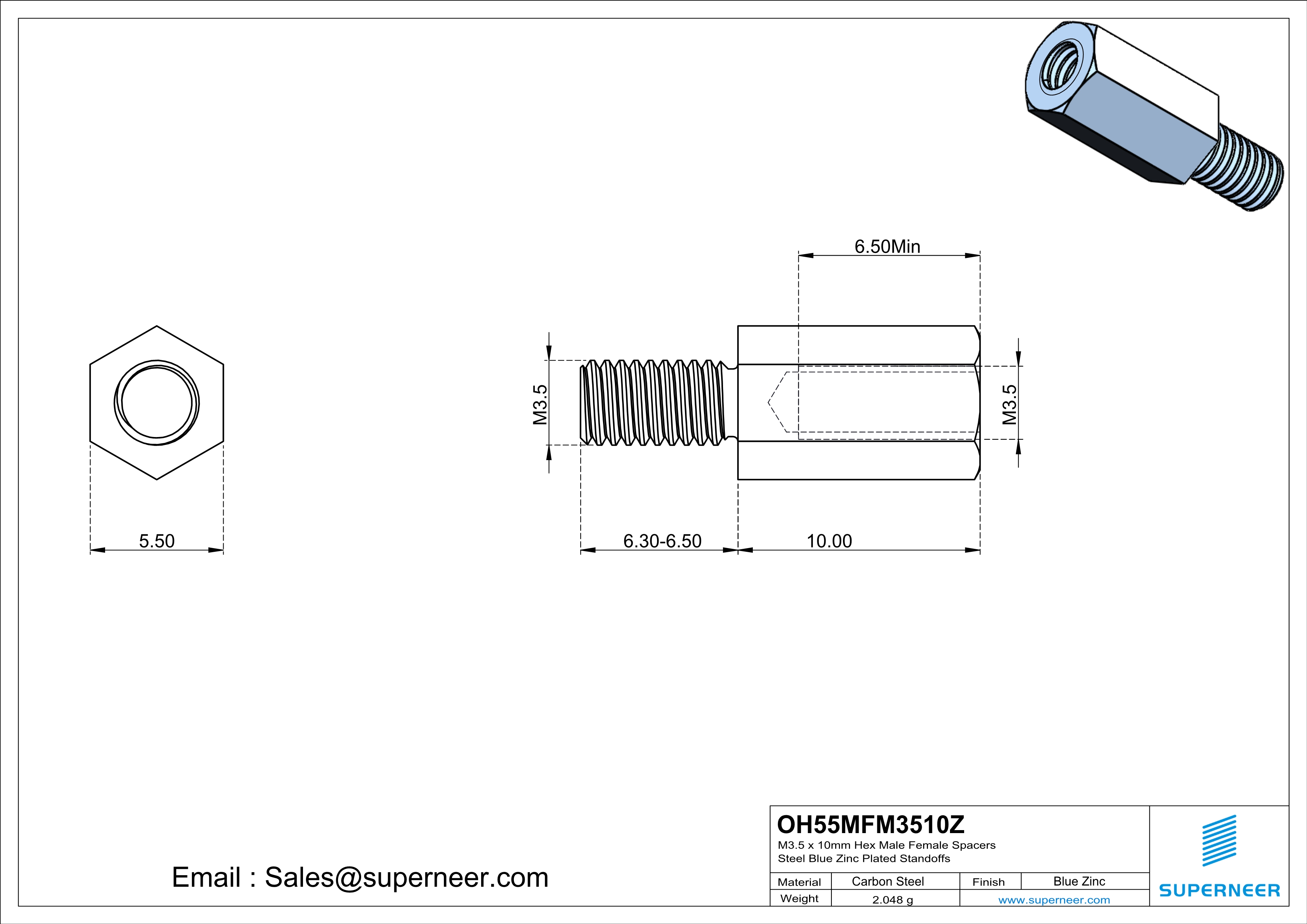 M3.5 x 10mm Hex Male Female Spacers Steel Blue Zinc Plated Standoffs