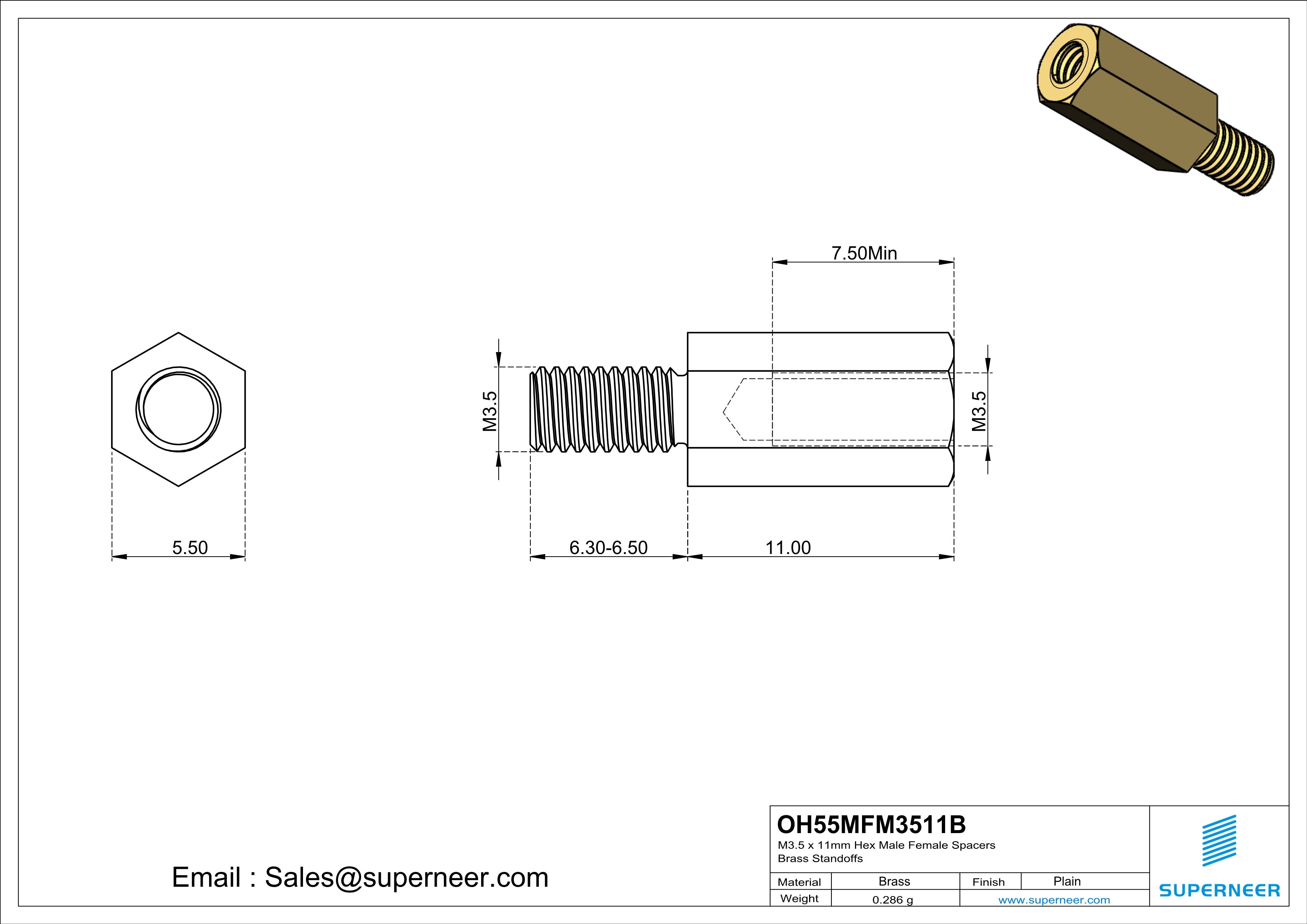 M3.5 x 11mm Hex Male Female Spacers Brass Standoffs