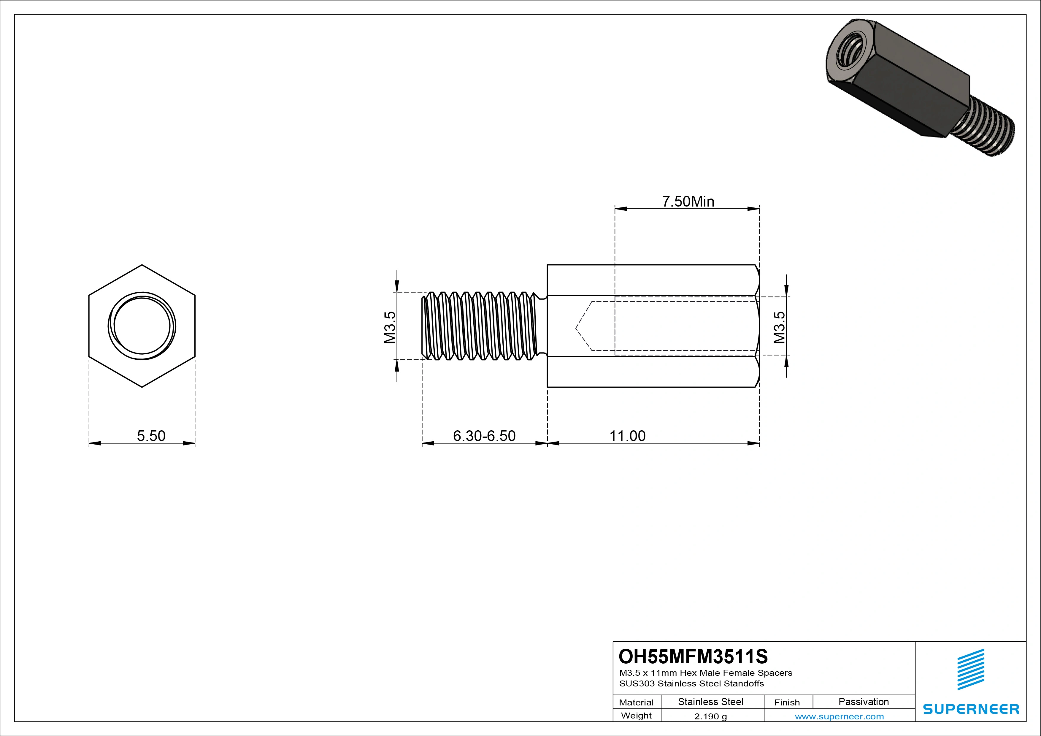 M3.5 x 11mm Hex Male Female Spacers SUS303 Stainless Steel Inox Standoffs