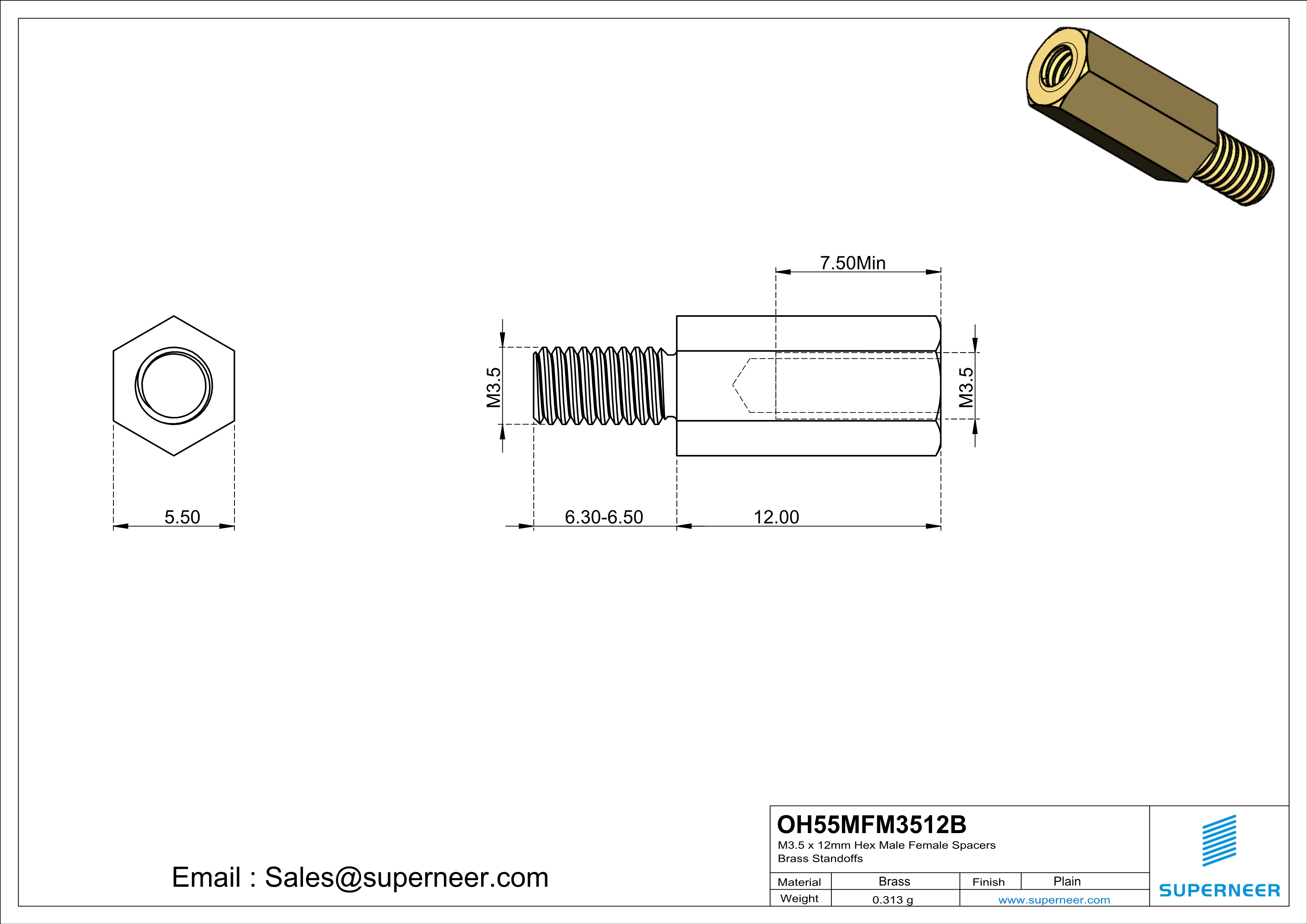 M3.5 x 12mm Hex Male Female Spacers Brass Standoffs