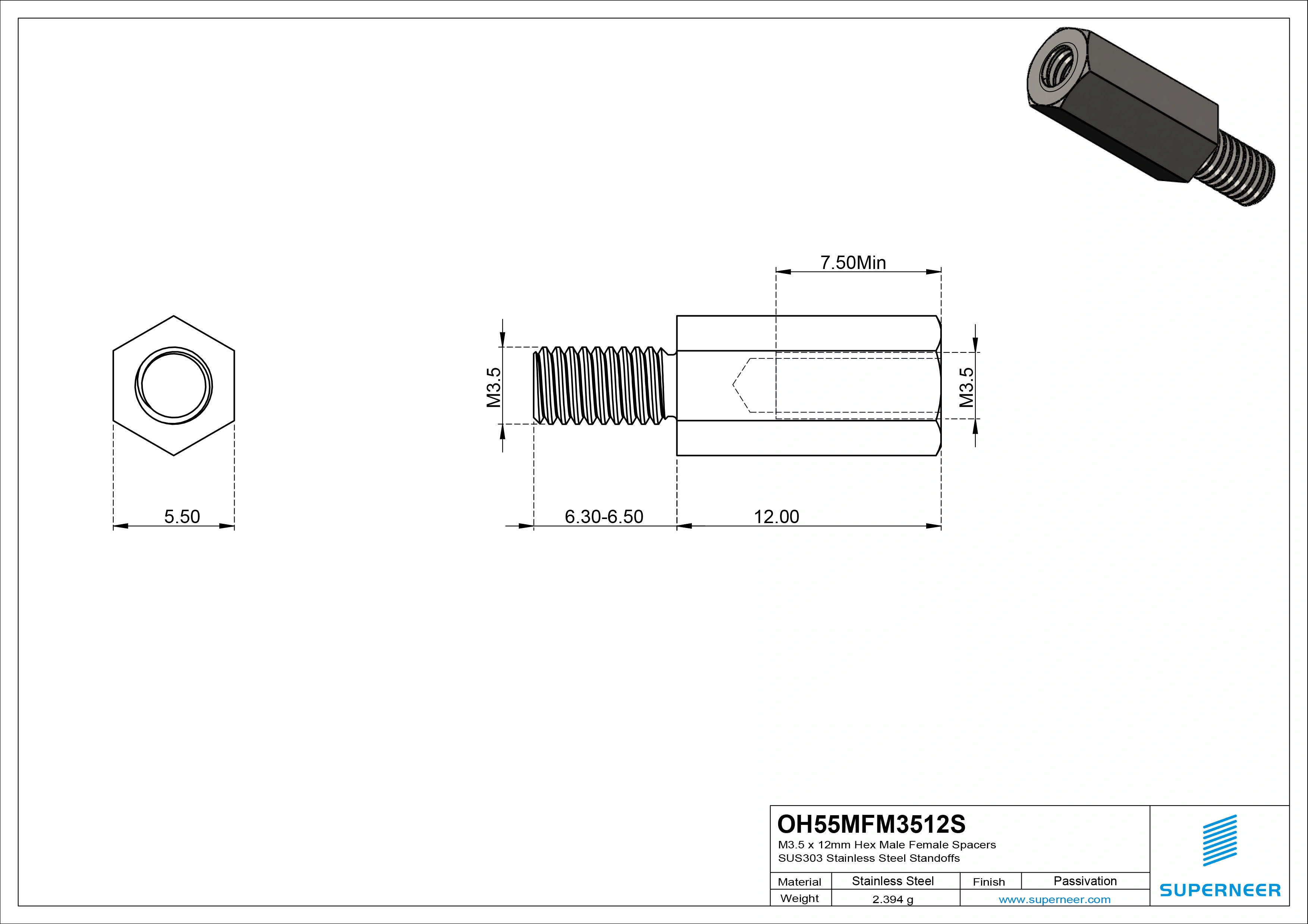 M3.5 x 12mm Hex Male Female Spacers SUS303 Stainless Steel Inox Standoffs