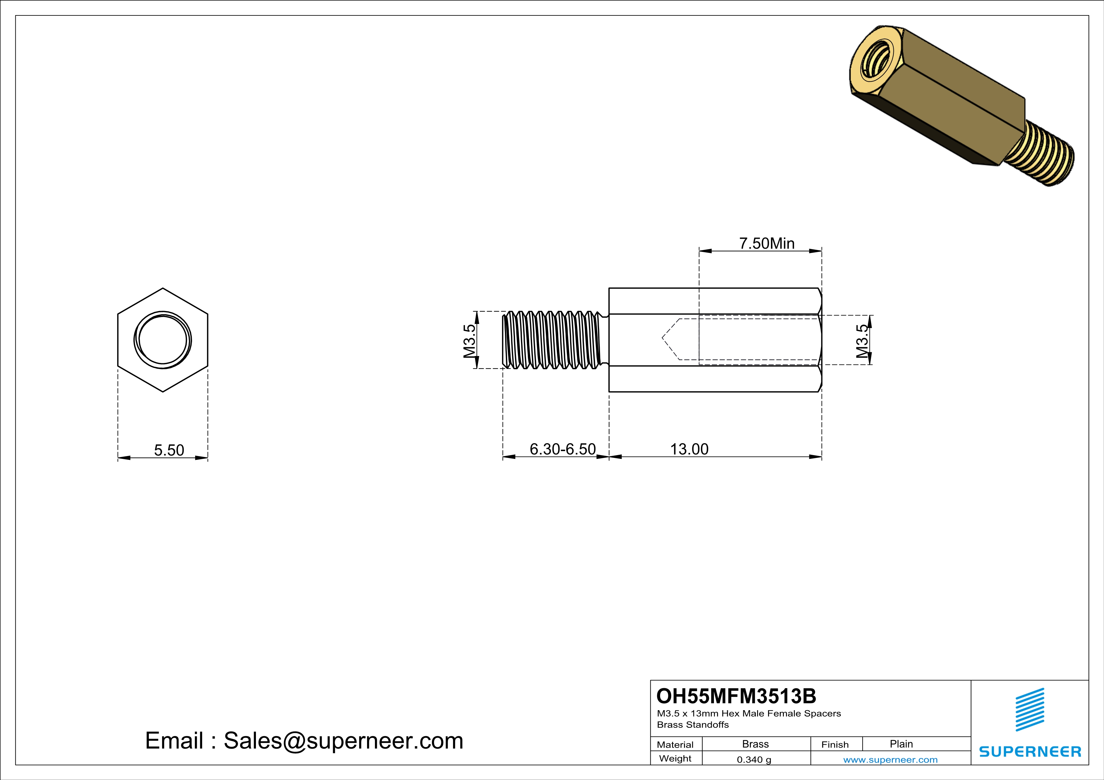 M3.5 x 13mm Hex Male Female Spacers Brass Standoffs