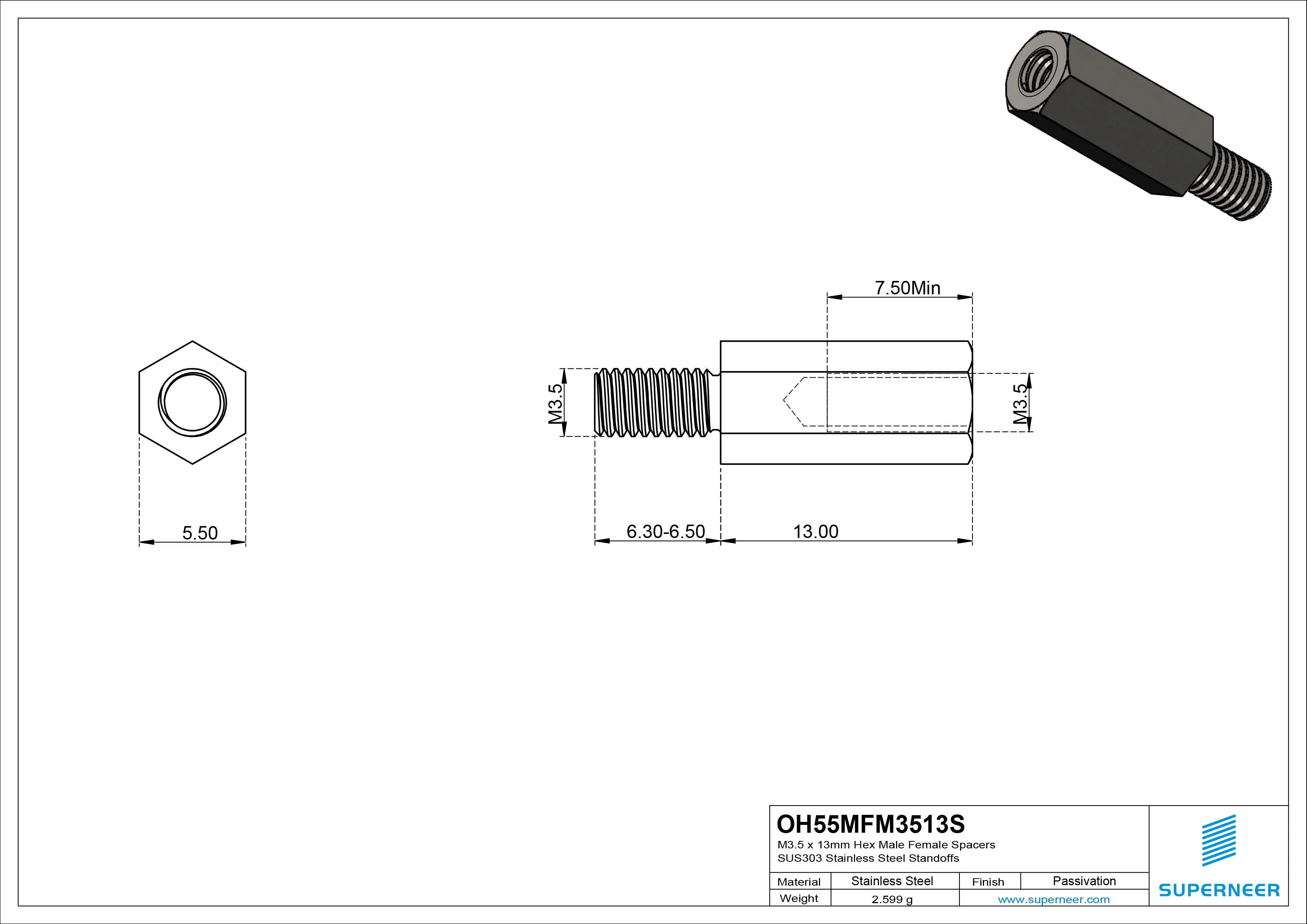 M3.5 x 13mm Hex Male Female Spacers SUS303 Stainless Steel Inox Standoffs