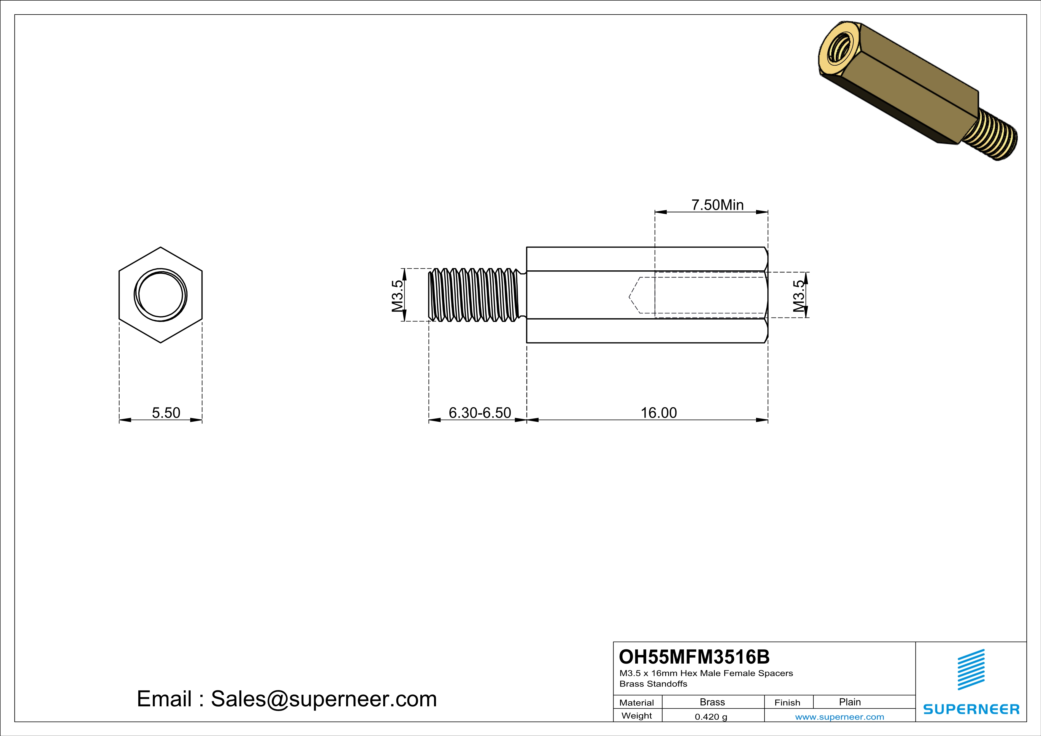 M3.5 x 16mm Hex Male Female Spacers Brass Standoffs