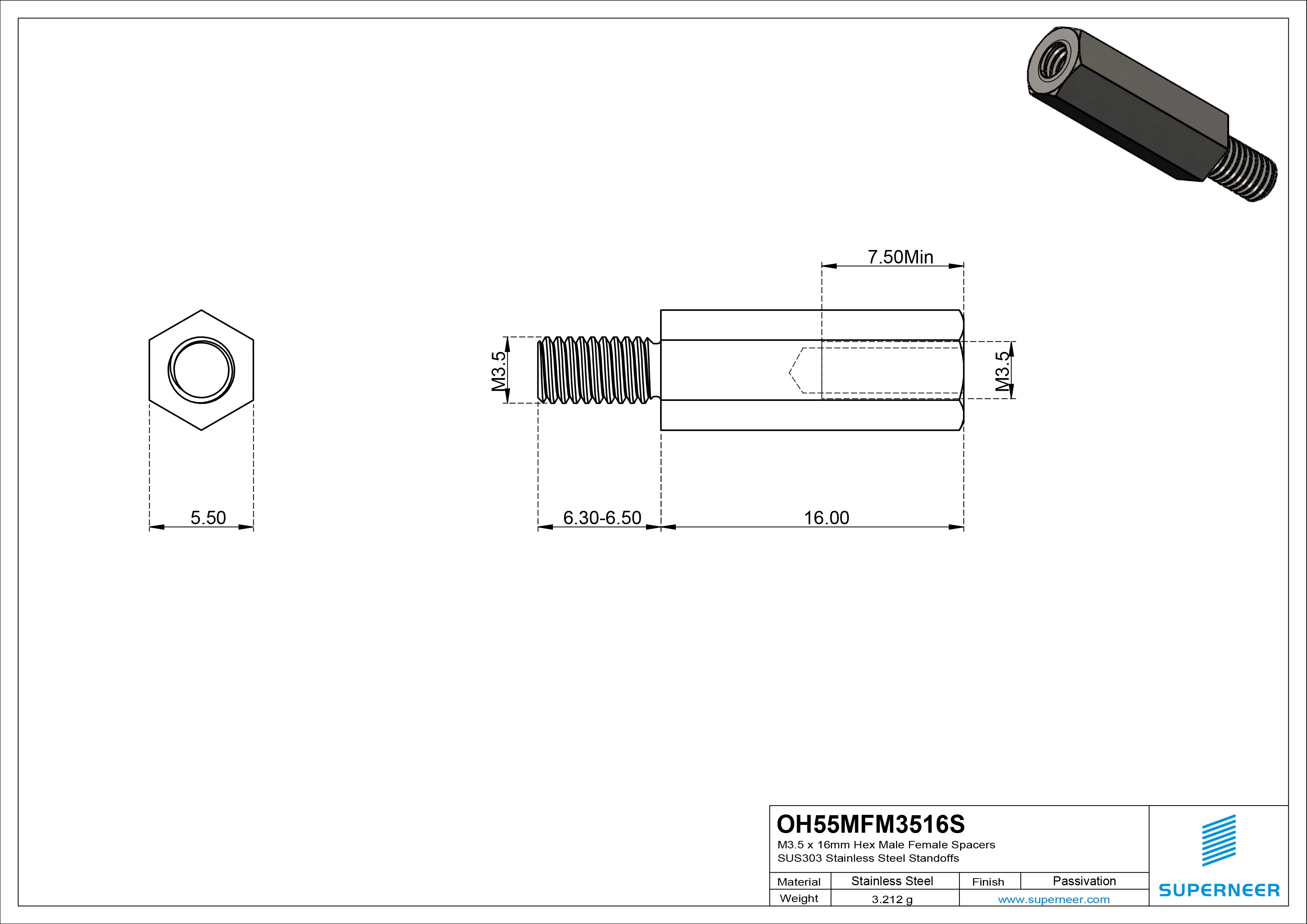 M3.5 x 16mm Hex Male Female Spacers SUS303 Stainless Steel Inox Standoffs