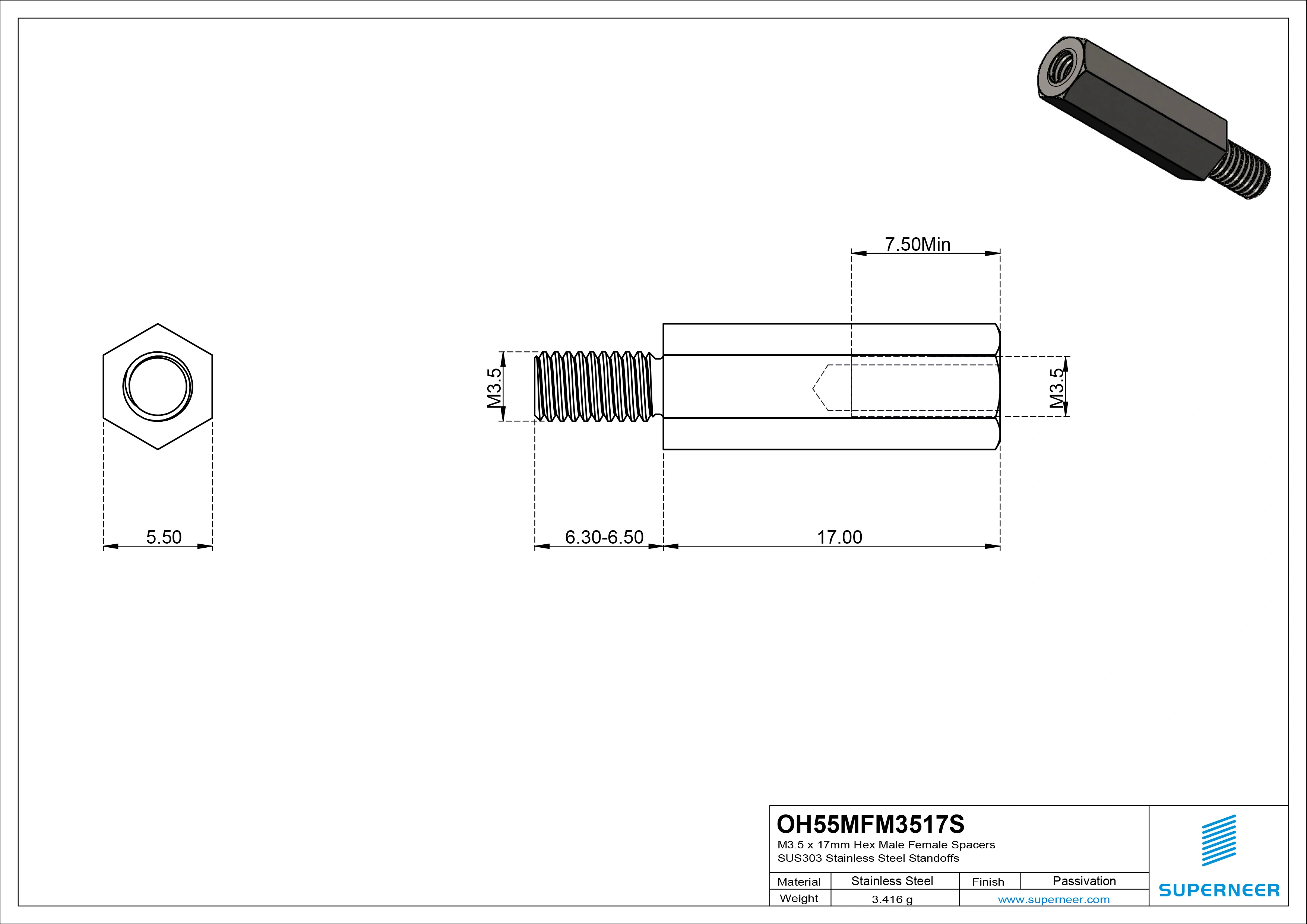 M3.5 x 17mm Hex Male Female Spacers SUS303 Stainless Steel Inox Standoffs