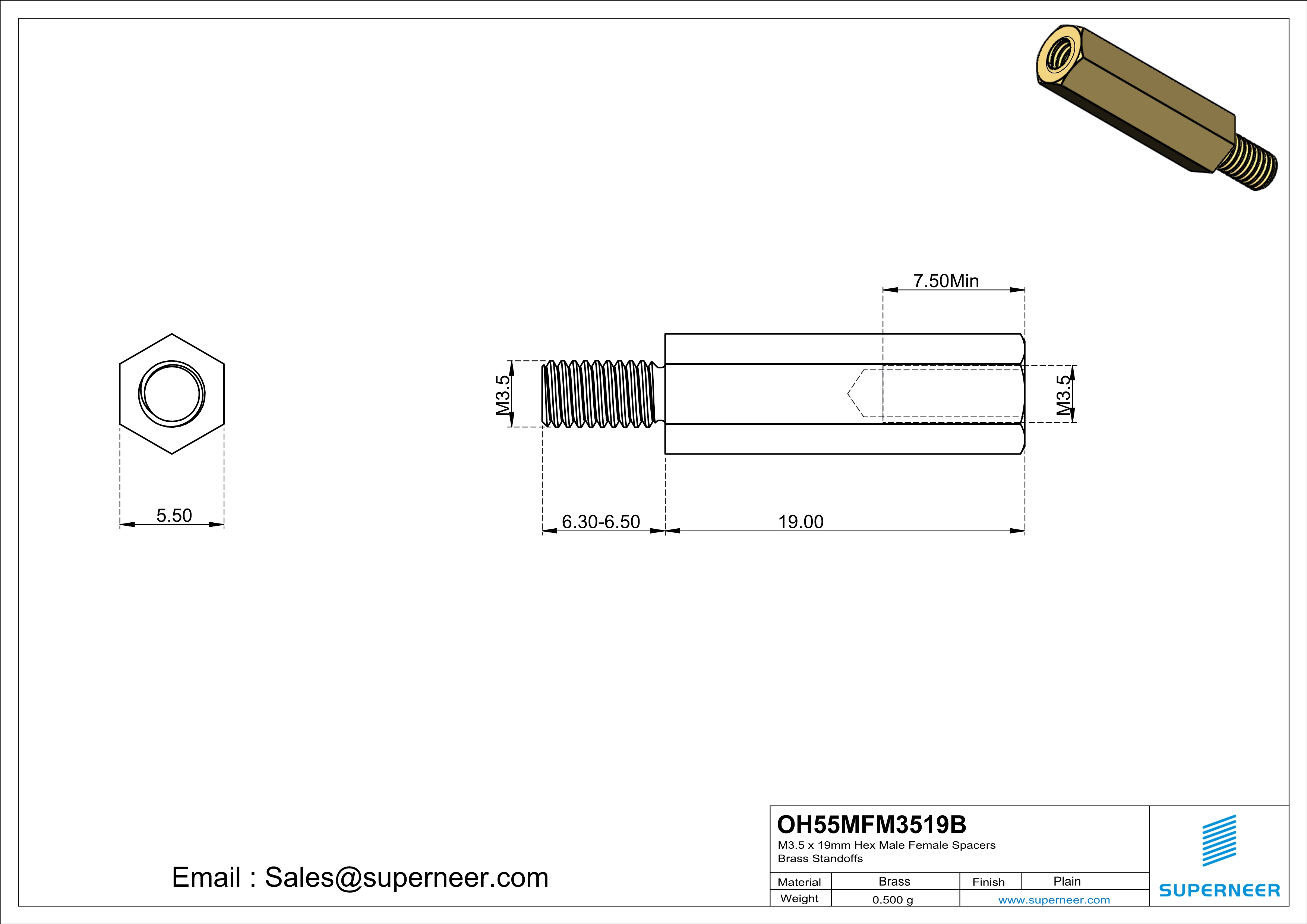 M3.5 x 19mm Hex Male Female Spacers Brass Standoffs