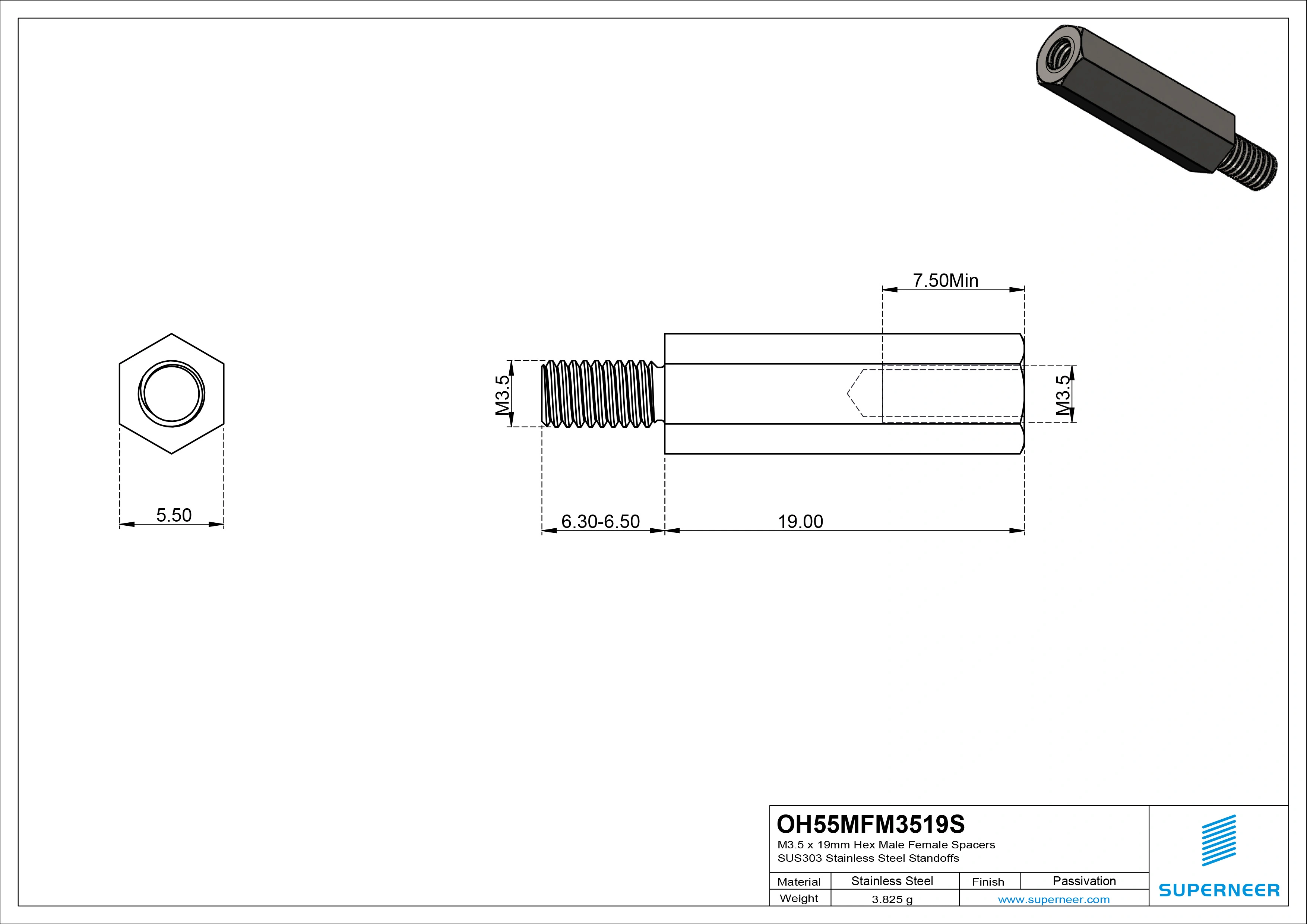 M3.5 x 19mm Hex Male Female Spacers SUS303 Stainless Steel Inox Standoffs