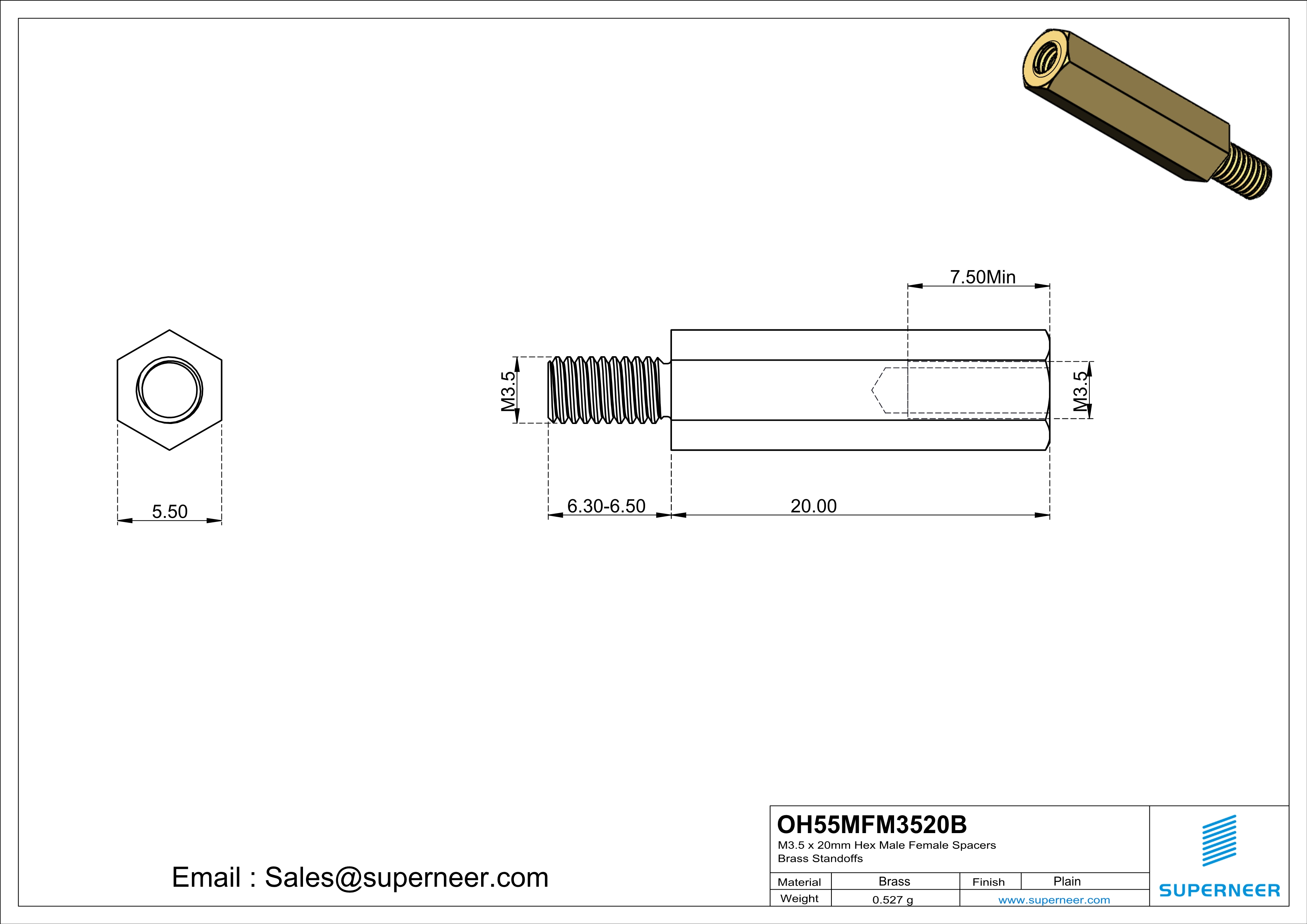 M3.5 x 20mm Hex Male Female Spacers Brass Standoffs