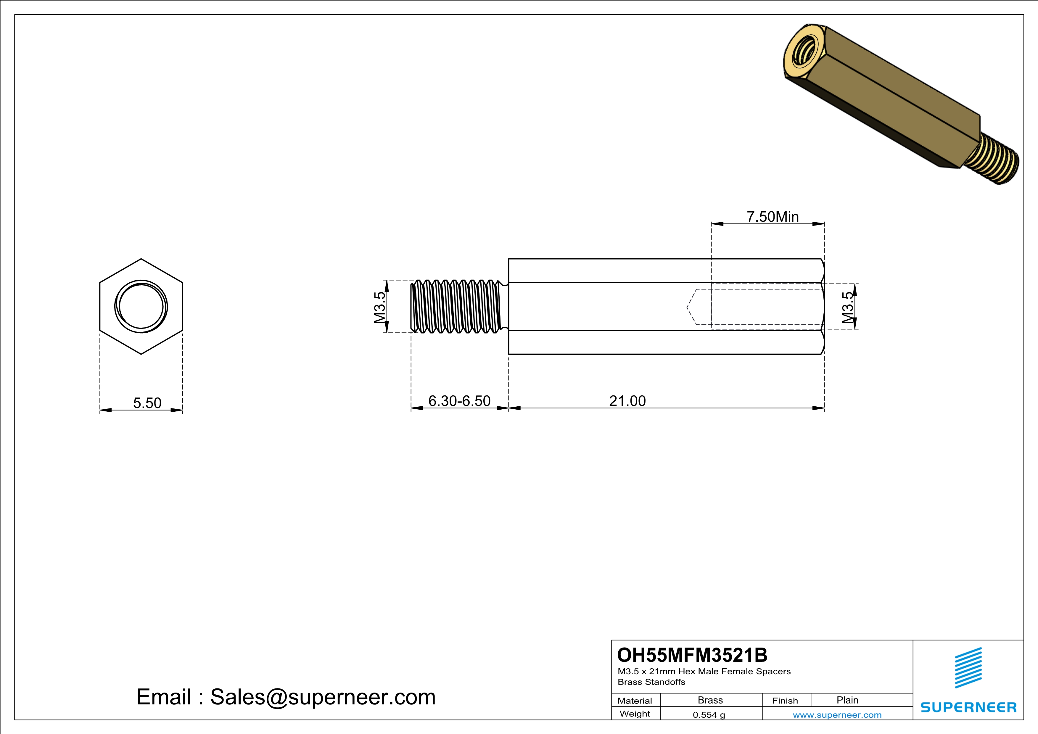 M3.5 x 21mm Hex Male Female Spacers Brass Standoffs