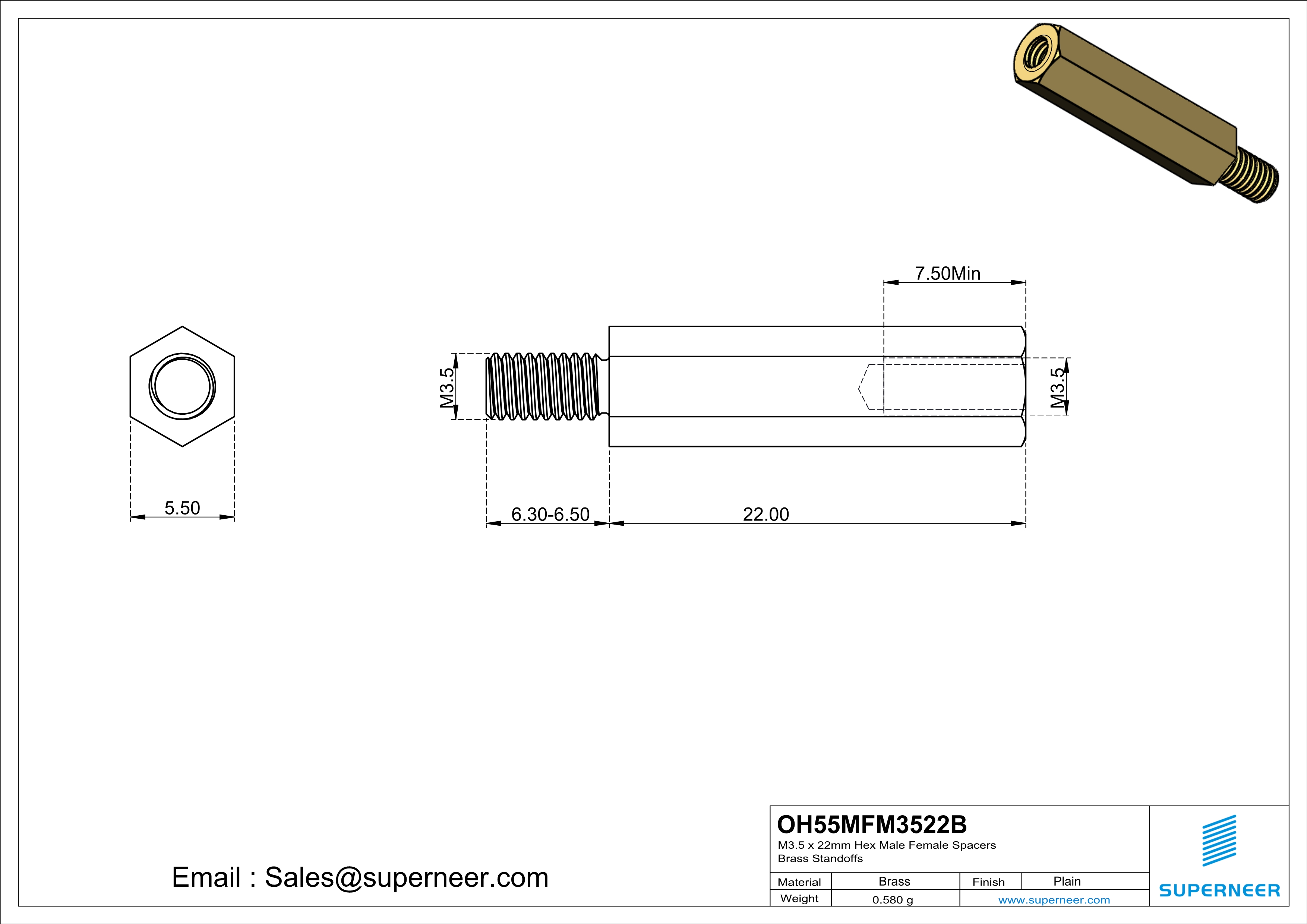 M3.5 x 22mm Hex Male Female Spacers Brass Standoffs