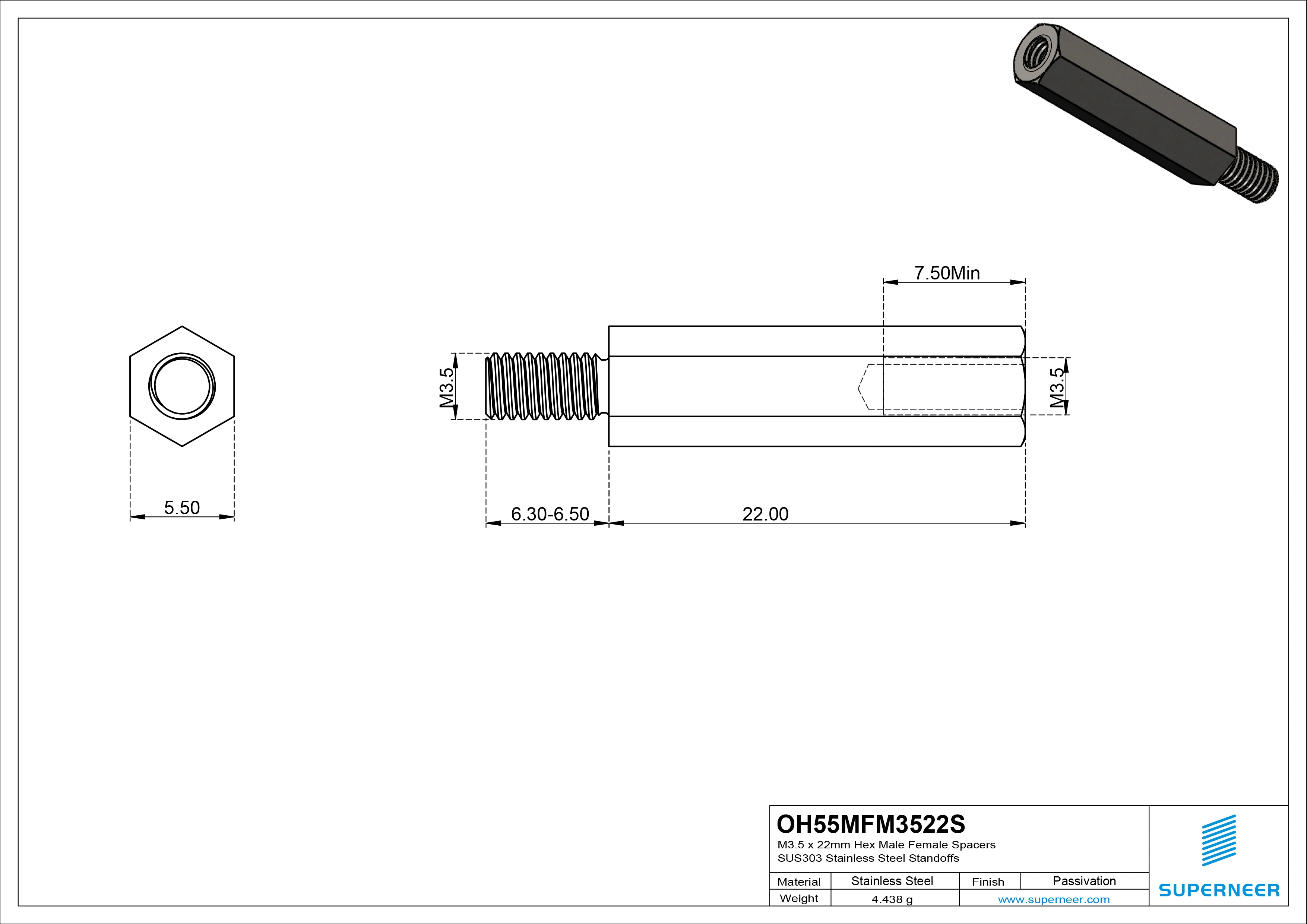 M3.5 x 22mm Hex Male Female Spacers SUS303 Stainless Steel Inox Standoffs