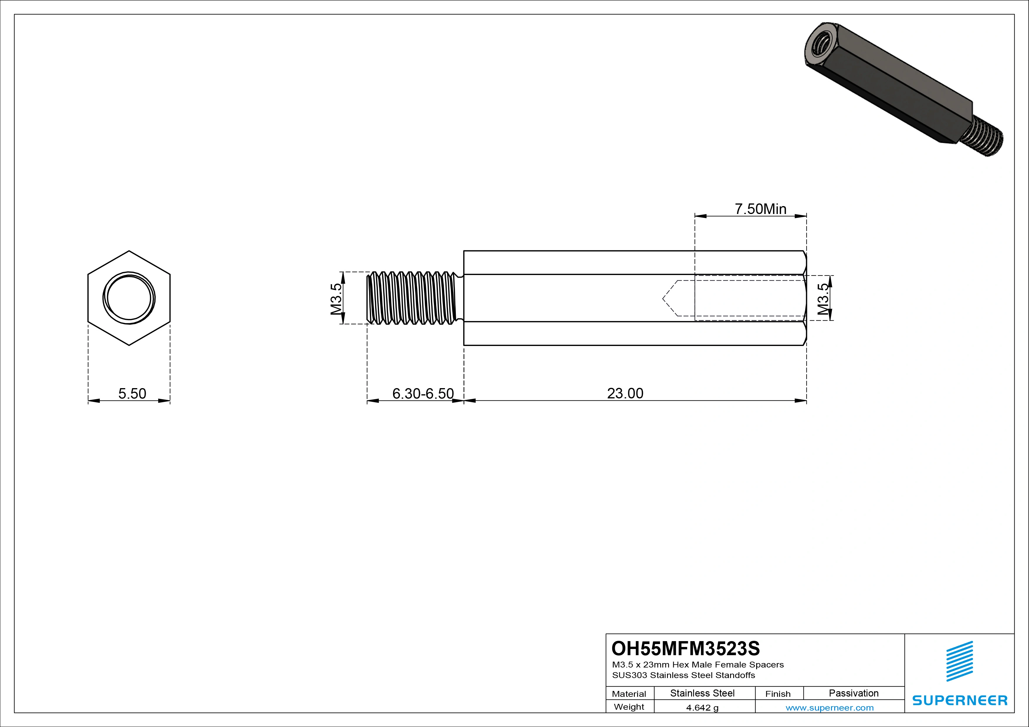 M3.5 x 23mm Hex Male Female Spacers SUS303 Stainless Steel Inox Standoffs