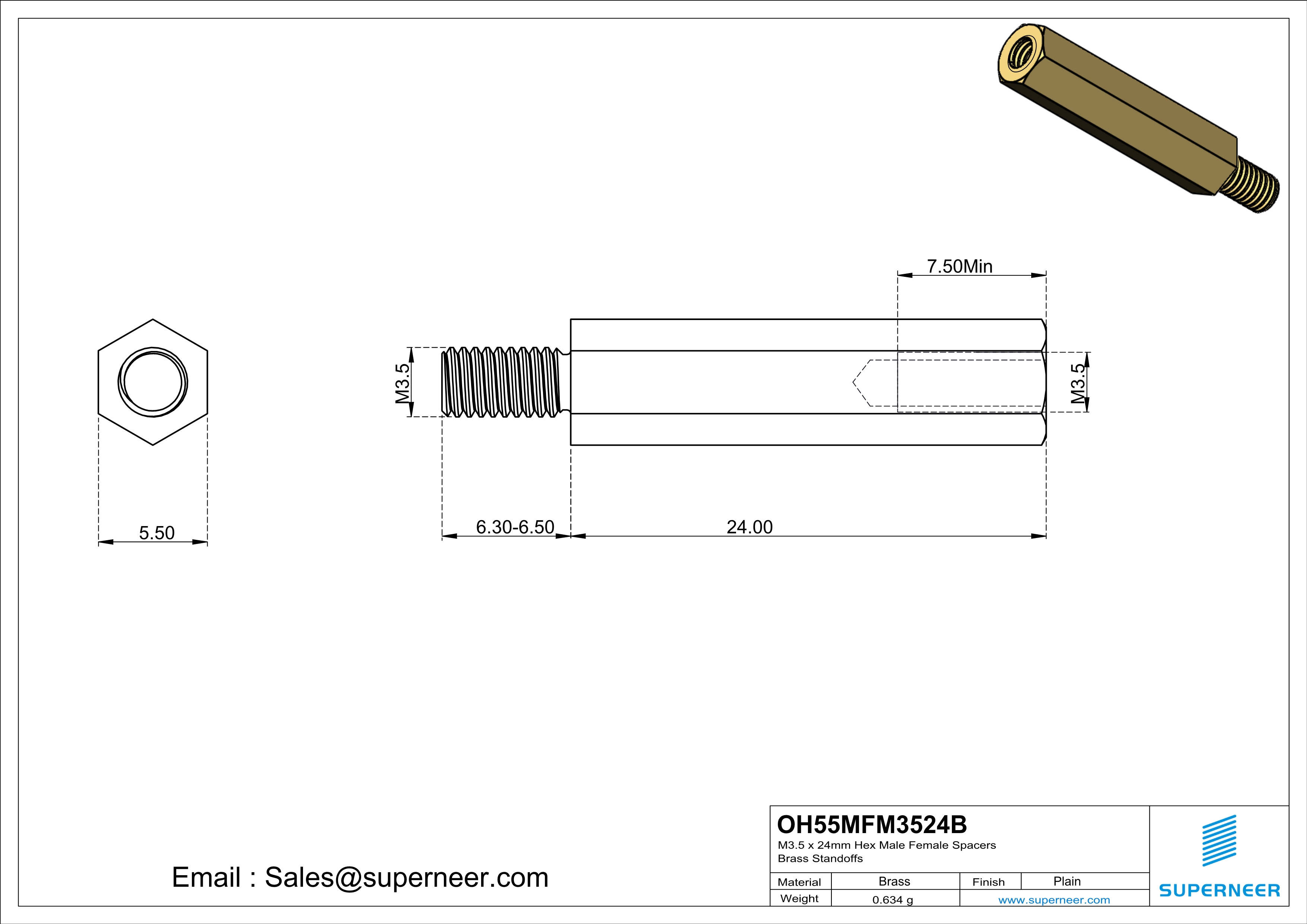 M3.5 x 24mm Hex Male Female Spacers Brass Standoffs