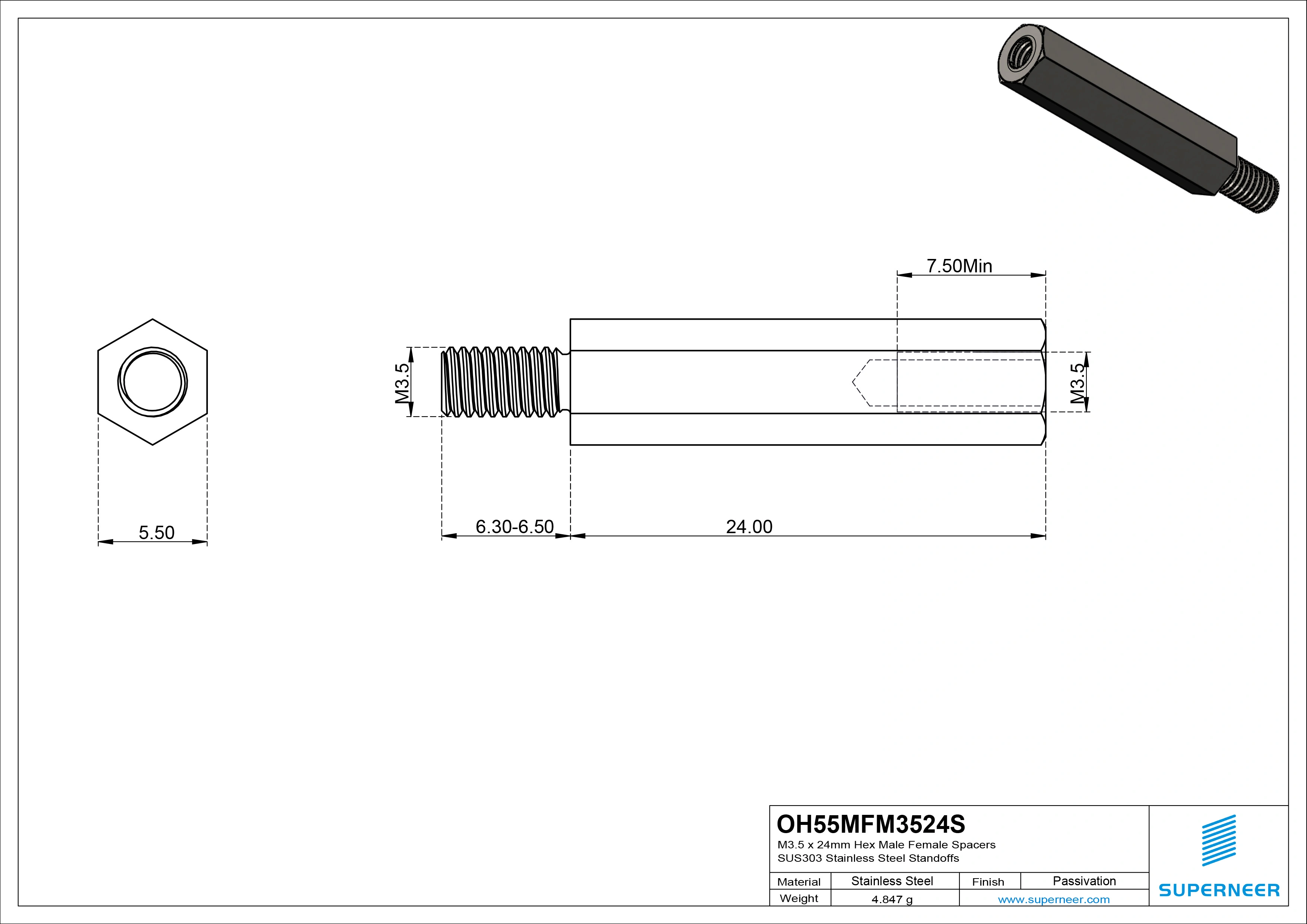 M3.5 x 24mm Hex Male Female Spacers SUS303 Stainless Steel Inox Standoffs