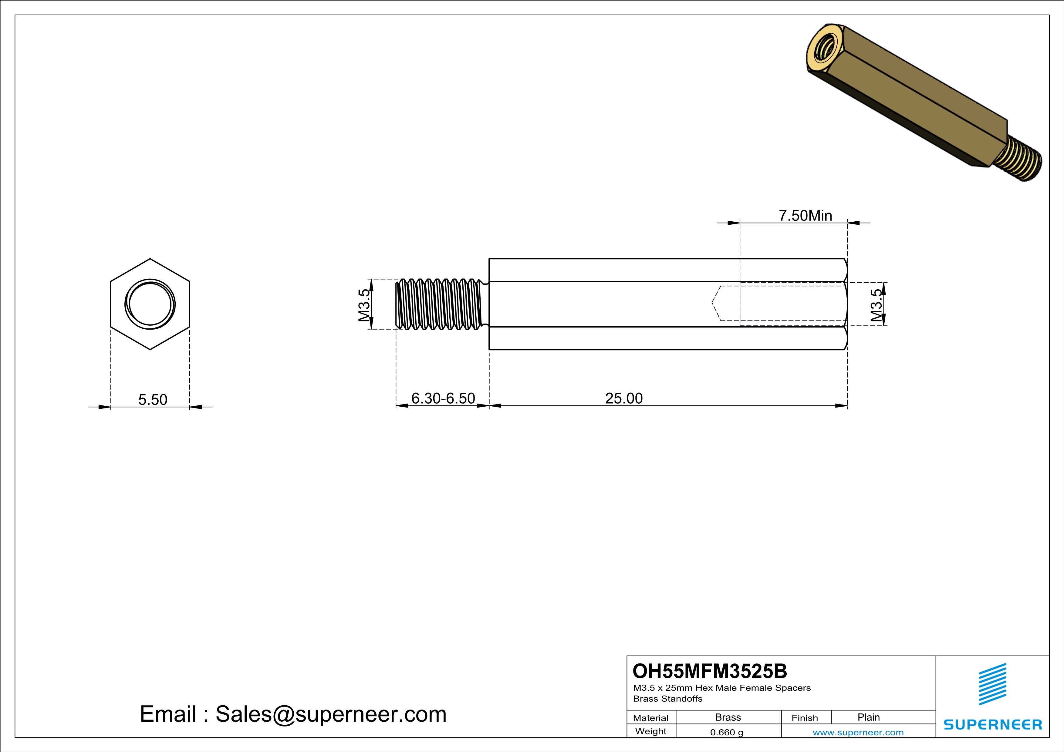 M3.5 x 25mm Hex Male Female Spacers Brass Standoffs