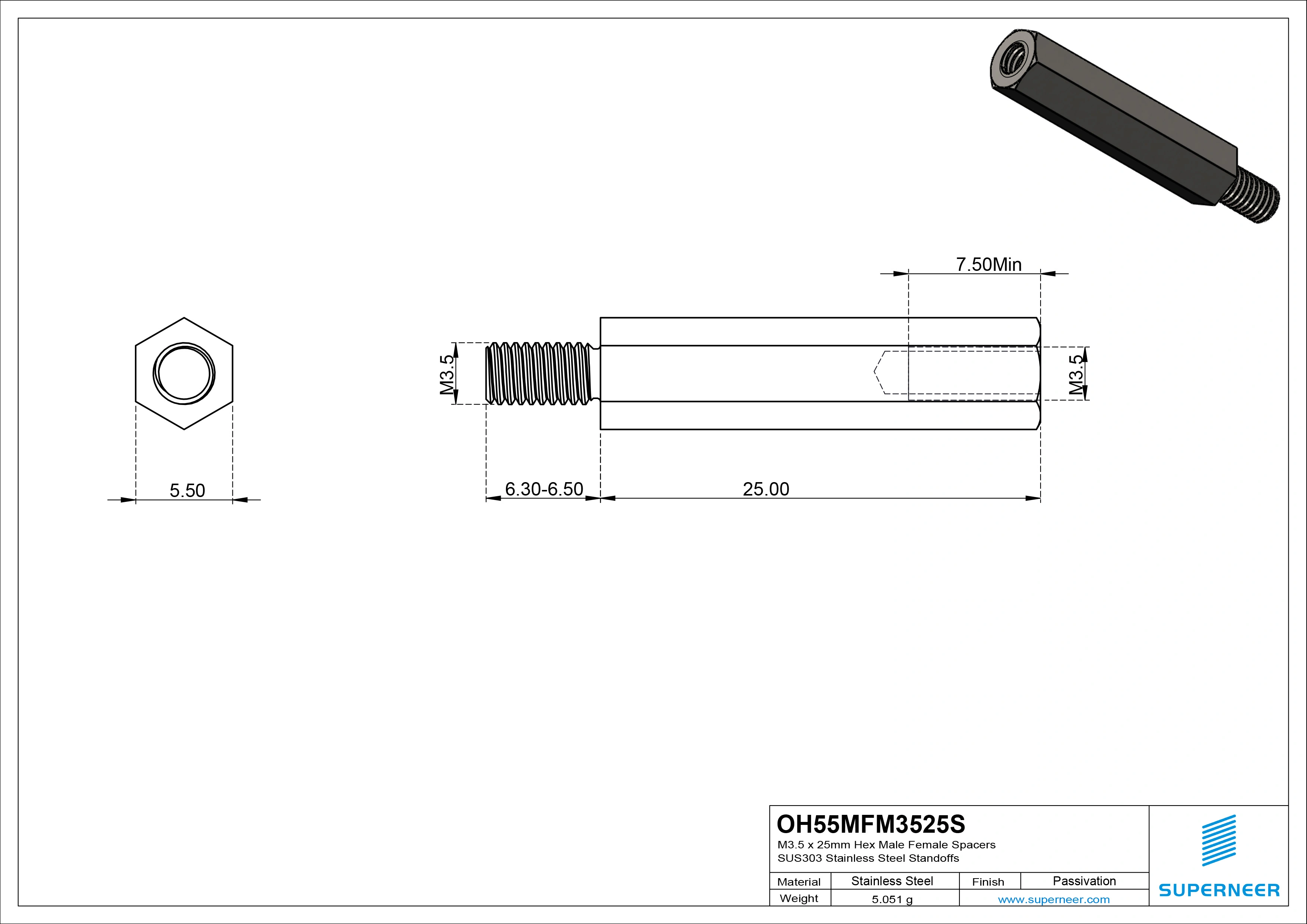 M3.5 x 25mm Hex Male Female Spacers SUS303 Stainless Steel Inox Standoffs